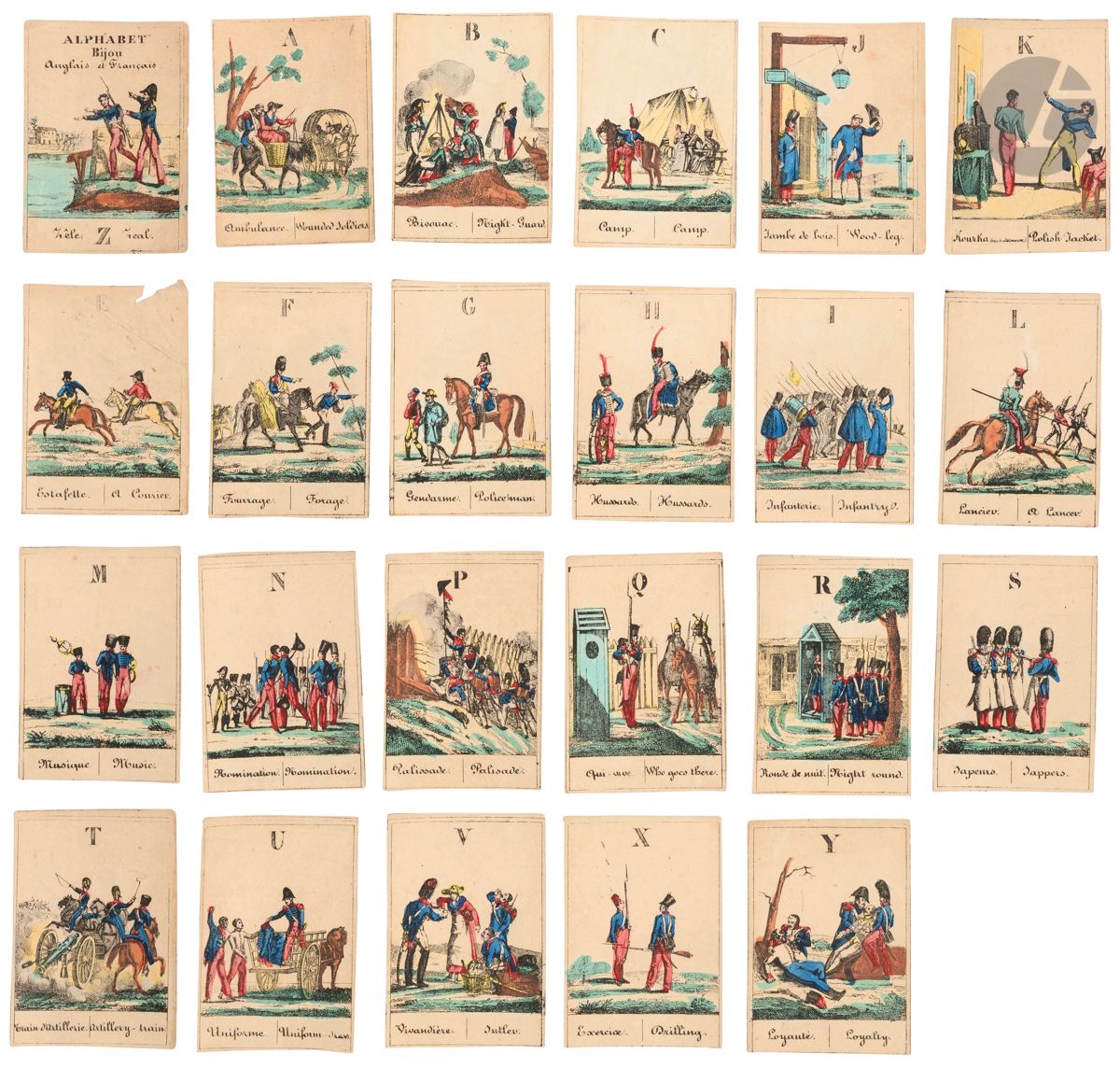 Alphabet bijou Anglais et Français.
Sans adresse, ni lieu, ni date. [France. Vers 1830]. 23/25 cartes (8,5 x 6 cm) lithographiées et coloriées à la main au pochoir, dos muets.

Rare ensemble de cartes formant un abécédaire militaire lithographié et colorié au pochoir.
Une carte de titre avec le Z, Zêle/Zeal et toutes les cartes sur le même modèle entièrement lithographiées, initiale d’imprimerie en tête, illustration dans une scène d’extérieur au centre et légende en pied, en écriture cursive, en français et en anglais. Les légendes suivent l’alphabet français.
Très fines gravures réalistes, A, Ambulance/Wounded Soldiers, K, Kourka/Polish Jacket, etc.
Intéressant témoignage historique, coloris très bien conservés.
Sans les cartes D et O et petit manque en tête de la carte E.
