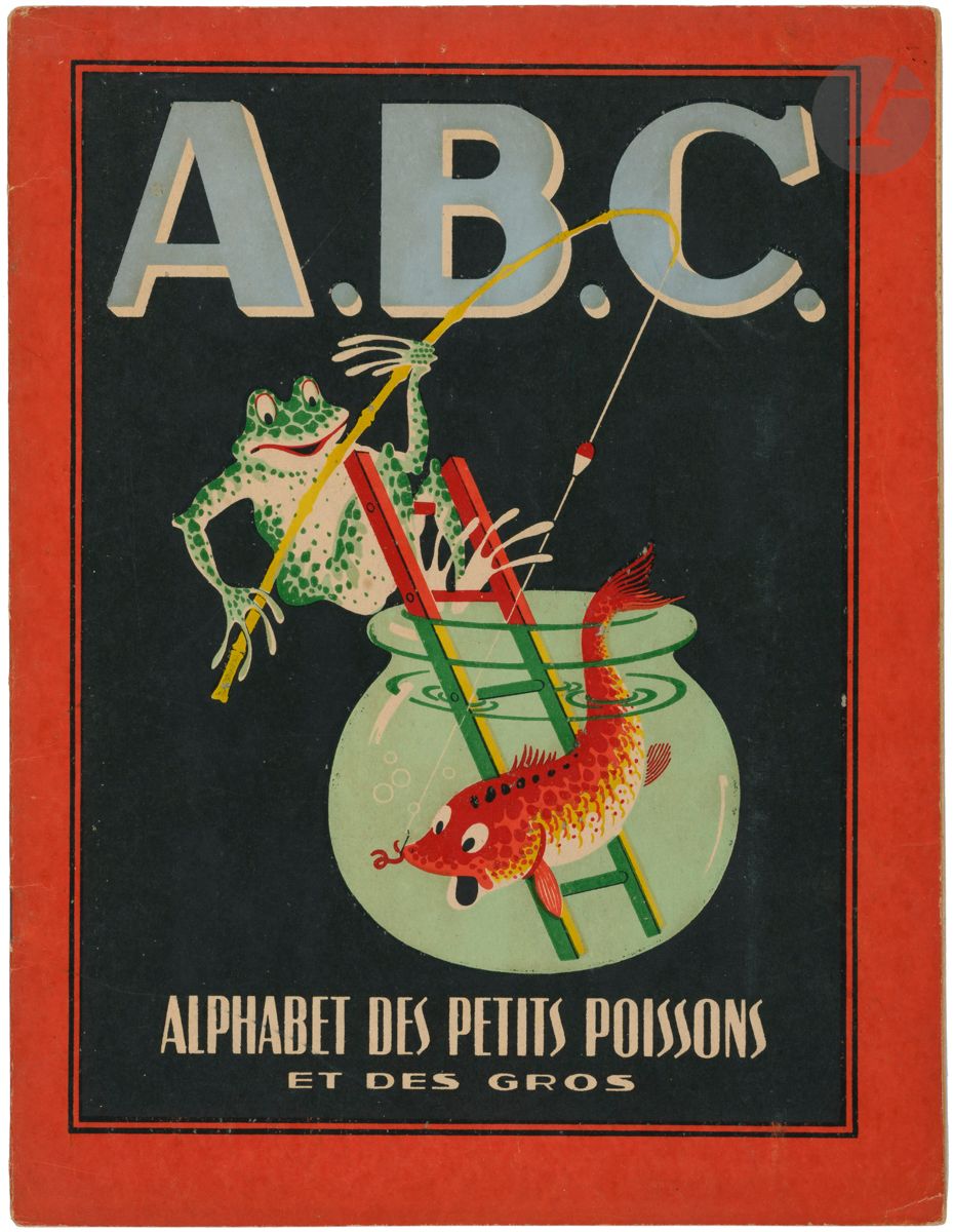 STETTEN-BERNARD (Jean).
Alphabet des poissons.
[France. Vers 1945]. Douze gouaches originales (28,5 x 22 cm) montées dans un livre. Grand in-4 (32,3 x 27 cm) aux couvertures rempliées de papier bleu, copie couleur de la page Y, Z sur le premier plat.

Planches originales, aux gouaches éclatantes, d’un abécédaire réalisé par Jean Bernard (1913-2008), de son vrai nom, Jean Maurice José Stetten, qui utilisa le nom de jeune fille de sa mère.
Dessinateur et célèbre résistant durant la Seconde Guerre mondiale, il créa de nombreux faux papiers. Illustrateur pour “les grands”, il dessina de multiples couvertures de livres, directeur artistique de la collection Le Masque (210 couvertures). Il publie son unique ouvrage pour les enfants en 1945 chez J. Barbe à Lyon, sa ville, [ABC. Alphabet des petits poissons et des gros] et utilise le pseudonyme de Maurice Lorrain. Certainement en référence à la Croix de Lorraine.
Deux à trois initiales par planche de gouaches en couleurs très stylisées et talentueuses, soulignées par une calligraphie à l’encre noire avec la lettre illustrée se démarquant en rouge.

Joint :
- ABC. Alphabet des petits poissons et des gros. 
Ensemble complet, originaux très bien présentés et conservés, ouvrage en parfaite condition.