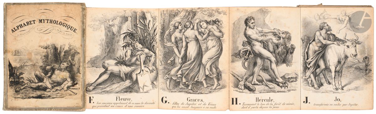 Mythological alphabet.
Lith : Durand, Ligny Jne et Cie. Rue Salle-au-Comte 10 [Paris. ca. 1850]. (14 x 10,6 cm). Leporello of (24) black lithographed flaps: publisher's pale gray cloth paper boards with cold-stamped flower motifs, illustrated lithograph, bearing the title, applied to the first board, the god Pan reclining in an undergrowth.

Twenty-four finely engraved plates.
Scenes from mythology captioned by the name of the deity underlined by a sentence in cursive writing describing the scene. No I or W, as issued. The initial appears at the foot, on the left. From Aurora, abducting Cephalus, to Zephyr, son of Aurora.
Rare illustration with large and fine engravings of talent, unsigned, very different from contemporary works.
A copy in its contemporary cardboard with rubbing, mainly on the second mute board, a crack between the first two flaps and old restoration between the O and the P, on the reverse.