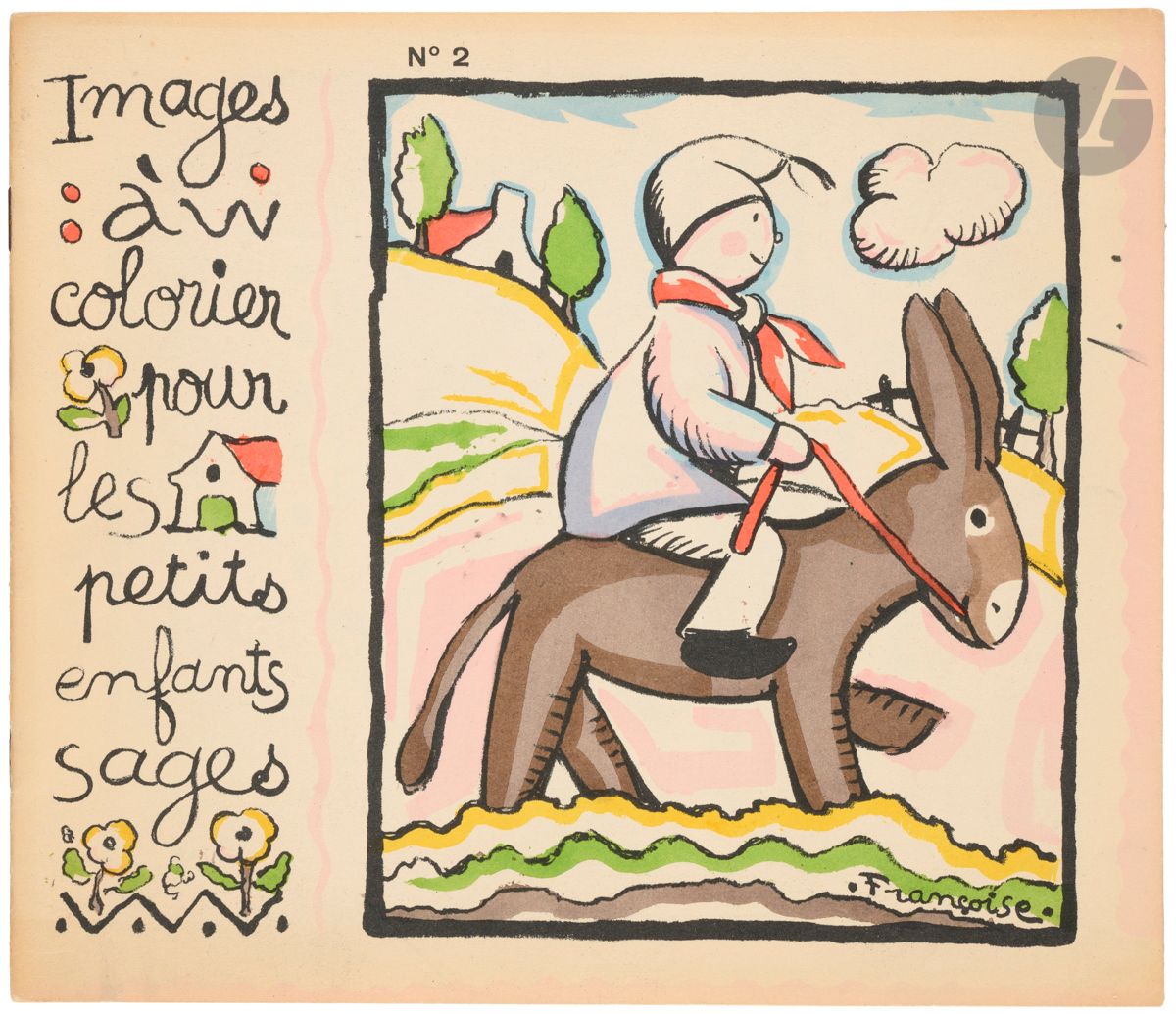 FRANÇOISE. [Françoise Seignobosc].
Images à colorier pour les petits enfants sages. N° 2.
Tolmer, Éditeur, Paris. Made in France. [Vers 1930]. In-8 oblong (20,8 x 24 cm). (12) pp., couvertures comprises : couvertures de papier lithographiées coloriées au pochoir, meunier et son âne sur la première.

Séduisant album de coloriage imaginé par Françoise (1896-1961).
Cinq doubles pages (plus l’image de couverture dupliquée) avec une large illustration mise en couleurs au pochoir, légendée en écriture autographiée dans un bandeau vertical illustré à gauche de l’image et, en regard, la même illustration en noir à colorier. Tableaux naïfs et élégants aux coloris éclatants, avec pour ce rare ouvrage, une ouverture pour une commercialisation aux États-Unis ; ville américaine avec buildings aux toits de tuiles français, la mention “Made in France” complète l’ouvrage.
Ce sont ces rares albums de coloriage, façonnés par Tolmer et exportés aux États-Unis, qui firent que l’artiste décida de s’y rendre, elle aussi. 

Joint :
- La Petite bergère. [Tolmer. Vers 1925]. (22 x 27,6 cm). Planche coloriée au pochoir destinée à un couvercle de boîte.
Album et planche à l’état neuf.