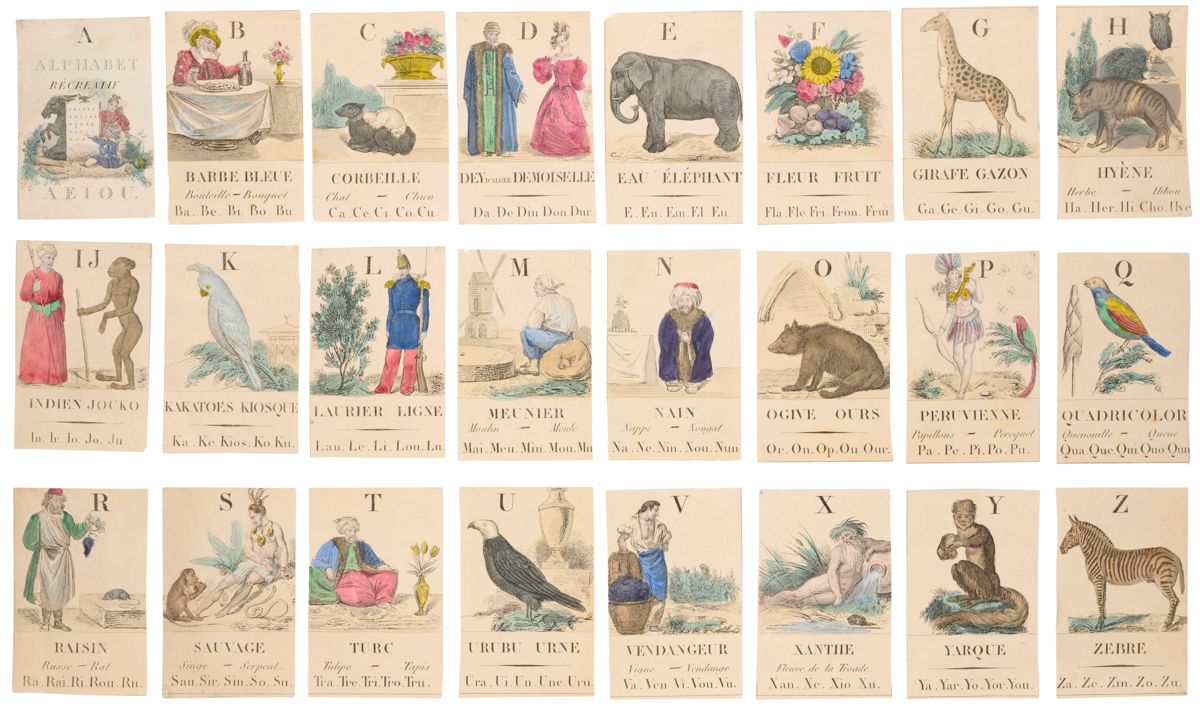 Recreational alphabet.
Without address, place, or date. [France. ca. 1840]. Engraved and hand-colored paper plate with brush (66.5 x 39 cm approx.), cut into (24) cards (13 x 8.3 cm approx.).

Cards of alphabet, very finely engraved, resulting from a rectangular plate, cut out in vertical rectangles.
The coloring was done on the original board, the watercolor edges and the separation lines allow its reconstruction.
A black initial centered at the head of the map, an illustration occupying two thirds of the map, a large legend underlined by two other occurrences on the map, and a syllabary line referring to the legends. I, J, on the same map, no W.
These rare cards, dating from the first half of the 19th century, were applied to a sheet and have traces of it on the corners of the reverse, as well as some reinforcing bands.