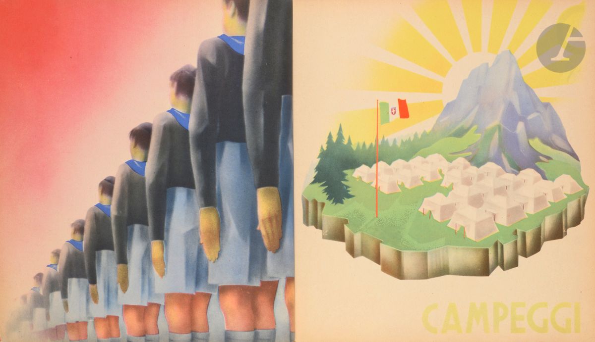 FRASCHETTI (Vincenzo). TESTI (C. V.).
Italia dall’A alla Z.
Poesie di Vincenzo Fraschetti. Commento grafico di C. V. Testi. A cura della Direzione Generale Italiani all’Estero. [Par la Direction générale des Italiens à l’étranger]. Stampato nelle Officine dell’ Instituto geografico de Agostini in Novara nell’anno dell’Impero [Imprimé dans les ateliers de l’Institut Géographique de Agostini à Novare l’an de l’Empire] - XIV E. F. [Era Fascista]. [1936]. In-4 (25 x 23 cm). (88) pp. : dos de toile gris pâle, plats illustrés en couleurs, un mur de pierre avec une ouverture en forme de faisceau stylisé, montrant l’Italie rouge entourée de mer bleue, sur le premier, même mur où sont sculptés faisceau couché, couronne et étoile, sur le second.

Unique édition. Le plus recherché et le plus bel abécédaire fasciste illustré de quatre-vingt-cinq compositions en couleurs modernistes, dont la moitié sur la double page, par le peintre, sculpteur et graphiste italien, Carlo Vittorio Testi (1902-2005).
Mussolini, fils d’institutrice, et instituteur lui-même, souhaitait que l’école du peuple soit le lieu d’endoctrinement de l’enfance. Il porta la plus haute importance à ces livres de l’école primaire. Dans cette culture purement fasciste, il sollicite des peintres à l’avant-garde de la recherche artistique comme Testi du mouvement futuriste. Ses illustrations dynamiques sont réalisées, pour la plupart, à l’aérographe.
Quatre pages par initiale, soulignée de sa minuscule, dont une double page centrale comportant le texte en écriture cursive de couleur de l’écrivain pour enfants Vincenzo Fraschetti (1887-1976).
Les vingt et une lettres de l’alphabet italien sont à la gloire du Duce, de la modernité du pays et des nouveaux territoires conquis, tout comme la préface du militaire et homme politique fasciste Piero Parini (1894-1993). Ouvrage destiné aux enfants italiens de l’étranger.
De A, Anno à Z, Zara, province italienne de Dalmatie entre 1922 et 1944.
Petits frottements sur les coupes et le dos.