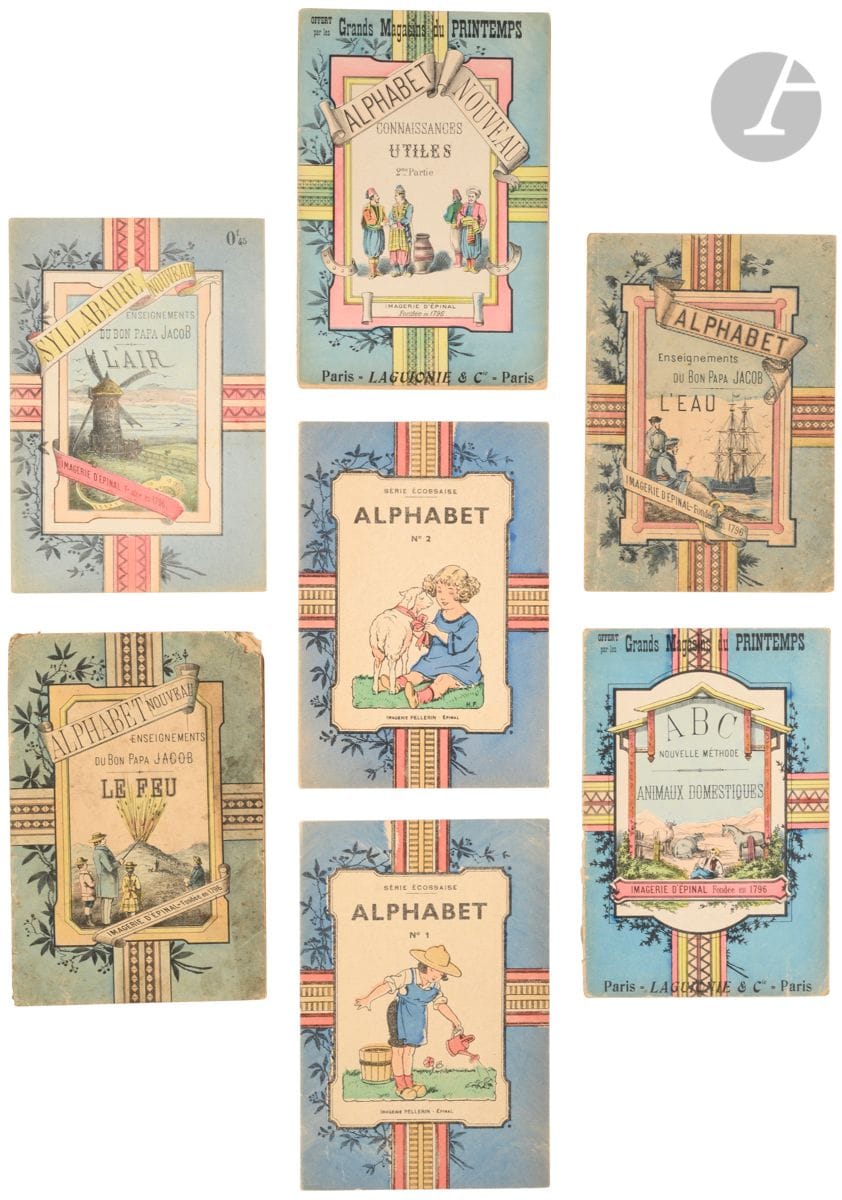 Syllabaire nouveau. Enseignements du bon papa Jacob. L’Air.
Imagerie d’Epinal. [Vers 1890]. In-12 (20 x 13,5 cm). (12) pp. : couvertures de papier lithographiées et coloriées au pochoir, un moulin, au centre de la première, encadrements ornés et géométriques jaunes et roses avec ornements floraux.

Neuf pages d’enseignement sur l’air avec des lithographies coloriées au pochoir.
Moulin à vent, tempête, nuages, pompe, avec un texte didactique. Les trois pages restantes sont consacrées à des alphabets et exercices à épeler, similaires dans toute la série.
Touchant envoi d’un papa américain, en France en 1918, à son petit Lloyd.
Parfaite condition.

Joints dans la même série :
- Alphabet. Enseignements du bon papa Jacob. L’Eau. [Vers 1890].
- Alphabet. Enseignements du bon papa Jacob. Le Feu. [Vers 1890].
Manques angulaires et couvertures salies.
- ABC nouvelle méthode. Animaux domestiques. Offert par les Grands Magasins du Printemps. Imagerie d’Epinal. Fondée en 1796. Laguionie & Cie. Paris. [Vers 1910]. 
- Alphabet nouveau. Connaissances utiles. 2e Partie. Offert par les Grands Magasins du Printemps. Imagerie d’Epinal. Fondée en 1796. Laguionie & Cie. Paris. [Vers 1910]. 
Et deux alphabets de H. Ferran. 
- Alphabet N° 1 et 2. [Sur le même modèle]. Série écossaise. Imagerie Pellerin. Epinal. [1930].

Ensemble de sept abécédaires d’imagerie.