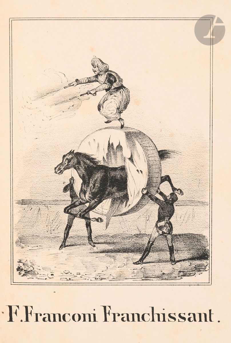 [ADAM (Victor)].
Album alphabétique.
Chez Aubert gal. Véro-Dodat. [En pied de certaines planches]. [Vers 1840]. Imp. d’Aubert et Cie. In-12 (15,8 x 12 cm). (24) ff., lithographiés en recto : demi-veau vert, dos lisse orné, plats de percaline verte moirée avec décors dorés. (Reliure de l’époque).

Album de lithographies, réunies sous forme alphabétique, dessinées par Victor Adam (1801-1867), dont le nom n’est pas mentionné.
Illustration dans un encadrement, initiale en pied accompagnée d’une à deux occurrences figurant sur l’image. A, Arabes, Algériens à Z, Zéphyr. X, Y, sur la même planche.
Réunion très bien conservée.