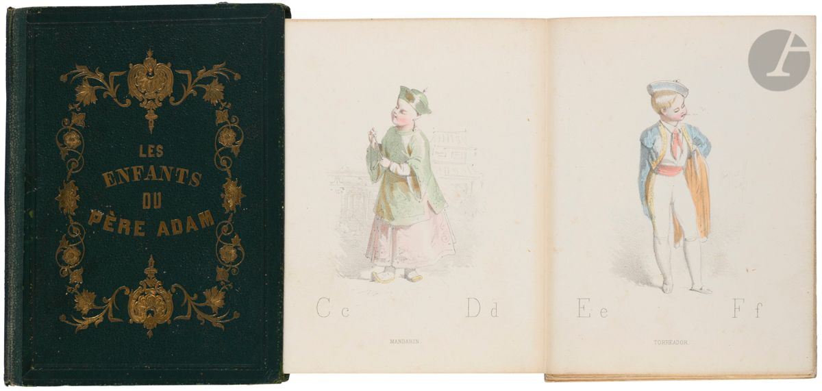 [LIEVRE (Edouard)].
Les Enfants du Père Adam.
[Magasin de l’Enfance, r. Suger, 3]. Paris. [Vers 1855]. Lith. Becquet frères. (16,5 x 12 cm). Leporello de (16) planches lithographiées en noir, mises en couleurs à la main au pochoir : cartonnage de l’éditeur de percaline à grains verte, décor doré estampé sur le premier plat.

Collection d’enfants de tous les pays lithographiée et coloriée à la main au pochoir.
Un des volets du panorama est signé Lièvre. Edouard Lièvre (1829-1886), graveur, dessinateur et lithographe. “Comme dessinateur lithographe, il a surtout exécuté des scènes enfantines d’un type particulier.” (Inventaire Fonds français après 1800. Département des estampes. BnF).
La mise en couleurs de ces fins portraits en pied est marquée par ses débuts d’aquarelliste avec des tons pastel délavés. La légende ne correspond pas aux lettres de la page. Pas de W et quatre planches avec les chiffres de 1 à 9, toujours avec des portraits d’enfants de différents pays. L’ouvrage débute par Chinoise, Mandarin, Toréador... et se termine par Grec, Breton et Suisse.
Rare exemplaire en parfaite condition.