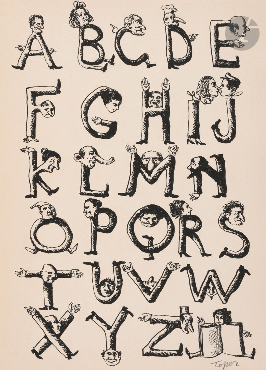 TOPOR (Roland).
De l’autre côté de la page. Alice au pays des lettres.
Milano Libri. [Milan. 1968]. In-4 (29,5 x 21,7 cm). 13, (1) pp., (13) ff. bl., (1) f. libre : lithographie originale : couvertures rempliées de vergé ocre, vignette gravée au centre de la première, emboîtage de l’éditeur muet recouvert du même papier vergé.

Unique édition. À la mémoire d’Alice, Roland Topor (1938-1997) imagine un conte où les deux tiers des pages sont vierges puisque les lettres sont parties...
L’artiste les représente, humanisées et drôles, sur un feuillet libre de papier chiffon signé au crayon.
Quatre dessins à l’encre à pleine page illustrent l’ouvrage, également signé par le dessinateur.
Un des 40 exemplaires, d’un tirage de 300, accompagné de la lithographie originale signée, celui-ci non justifié.
Consolidations en bordure de l’emboîtage.
