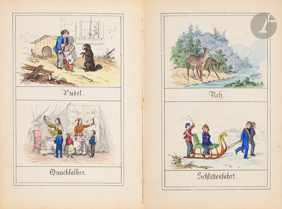 Bunte Bilder von A bis Z.
Verlag v. J. F. Schreiber in Esslingen a/N. [Am Neckar]. [1846]. Petit in-8 (20,5 x 14 cm). (16) pp. de papier fort : album de l’éditeur, dos de percaline chocolat, premier plat lithographié et colorié au pochoir, personnages et animaux dans un décor d’entrelacs de feuillage, jeune garçon avec un écureuil en pied.

Abécédaire finement lithographié et colorié au pochoir, réalisation de la grande maison d’édition fondée par Jakob Ferdinand Schreiber en 1831.
Les premiers livres pour enfants de l’éditeur lithographe apparurent en 1840. Cet abécédaire se situe donc dans les débuts des publications pour enfants de J. F. Schreiber. 
Une page de titre lithographiée en noir, reprenant l’illustration de couverture, deux illustrations, aux beaux coloris, par page, dans un double encadrement, soulignées d’un seul nom. A, Affe [singe] à Z, Zimmermann [charpentier]. Initiales x et Y ornées, placées côte à côte, sans image.
Rare. Un seul exemplaire référencé dans les bibliothèques : Württembergische Landesbibliothek à Stuttgart.
Plats salis, coupes et coins frottés, couture lâche.