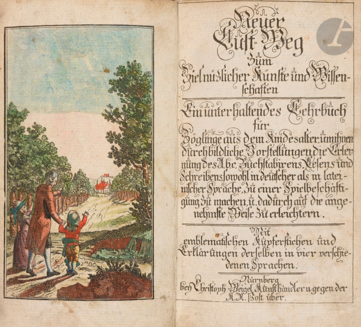 Neuer Lust-Weg Zum Ziel nützlicher Künste und Wissenschaften. [Nouveau chemin de plaisir vers les arts et les sciences utiles].
Ein unterhaltendes Lehrbuch für Zöglinge aus dem Kindesalter, um ihnen durch bildliche Vorstellungen die Erlernung des A.b.c. Buchstabirens, Lesens und Schreibens, sowohl in deutscher als in lateinischer Sprache, Zu einer Spielbeschäftigung zu machen u. dadurch auf die angenehmste Weise zu erleichtern. Mit emblematischen Kupferstichen und Erklärungen derselben in vier verschiedenen Sprachen. Bey Christoph Weigel Kunsthändlern gegen der K.K. Post über. [Vers 1800]. Nürnberg. Petit in-8 (17,5 x 10,5 cm). Frontispice gravé et colorié, titre gravé, 7, (1) pp. (68) planches [i.e. 34 ff.] : cartonnage moderne recouvert de papier à la cuve, titre Abc sur le dos.

Bel abécédaire allemand en coloris d’époque.
Comme l’indique la page de titre : “Manuel divertissant pour les enfants pour les aider à apprendre l’Abc, l’orthographe, la lecture et l’écriture à la fois en allemand et en latin. Et pour rendre la chose plus agréable, l’orner de gravures emblématiques avec des explications en quatre langues différentes.”
Soixante-huit planches finement gravées sur cuivre et coloriées à la main y compris deux titres ornés séparant les planches en deux parties. Chaque planche est divisée en six rectangles avec chacun une gravure légendée en allemand, écriture cursive (Sütterlin) et gothique, en latin, en italien et en français. (Sauf deux planches sur les animaux et oiseaux, une en quatre bandeaux verticaux, et légendées uniquement en allemand). Personnages, animaux, objets, éléments de la nature et architecturaux sont figurés avec la légende également gravée sur cuivre. Les légendes ne suivent aucun ordre alphabétique.
Très bel et rare imagier où l’impression et la mise en couleurs a été réalisé sur une face des feuillets, ceux-ci ont été, par la suite, collés deux à deux.
Bien conservé avec de très beaux coloris d’époque. Frontispice collé à la première garde volante.