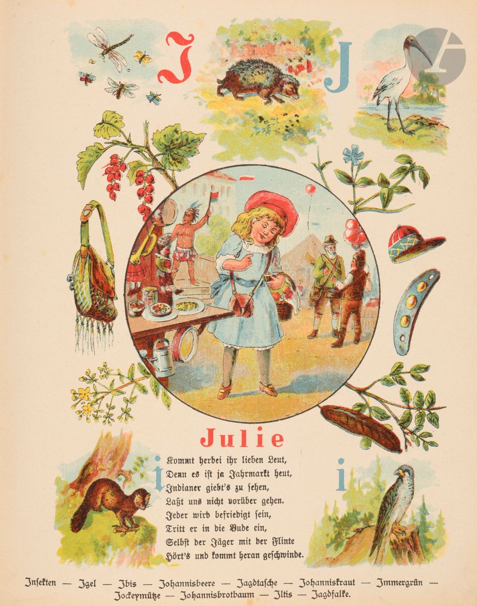 GEISSLER (Rudolf).
Neues ABC Buch.
Von Rudolf Geißler. 24 Bilder in Farbendruck nebst einem Anhang. Verlag von Carl Slemming. Glogau. [1884]. In-4 narrow (25,5 x 18 cm). (4) pp, (24) chromolithographed plates on front, 16 pp. (4 pp, (24) plates chromolithographed on the front, 16 pp.): publisher's album, carmine percaline spine, burgundy paper boards, chromolithography applied to the first, title in an ornate circle, bespectacled cherub holding an alphabet board, couple of young children with book and doll at foot.

Twenty-four large chromolithographed plates with, for each, a scene with multiple characters, ornaments and occurrences finely drawn by the artist engraver and watercolorist Rudolf Geißler (Nuremberg 1834-1906).
Gothic initial on a colored block, Latin initial at the top left and lower case at the right. The occurrences, to be found in the illustration, are listed in the lower margin. Two pages of alphabets in different typographies begin the book and sixteen pages of prayers and first readings complete it.
Childish handwriting in ink on pages 12-13. Small cracks at the head of the first leaf and at the foot of plate O. Endpapers renewed.

Joint :
- KOCHER (J.). Die kleinen ABC-Schützen. Von J. Kocher. Verlag v G. Weise. Stuttgart. [1898]. Small in-4 (25 x 20,3 cm). (1) title page, (24) pp : publisher's album, plum cloth spine, first cover of glossy paper lithographed in color.

Alphabetical list of first names lithographed in vivid colors on a strong paper. One page per letter (no I, x and Y on the same page). Gothic and Latin initials at the top, a scene with a child in a central circle, his first name in blue or red, some mirliton verses describing the scene at the bottom. The rest of the page is filled with many objects and animals whose names begin with the initial. Alexander to Zerline.
Rubs to the corners.