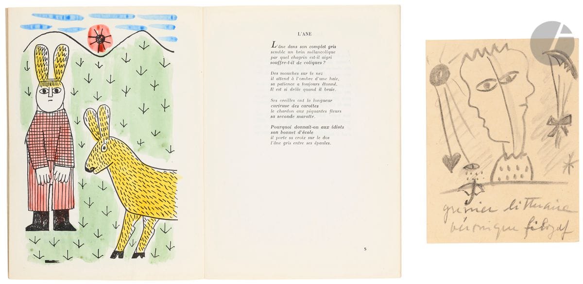 MODIN (Jean-Guy). FILOZOF (Véronique).
Big and small animals... or the ABC of Rodolphe.
Illustrated by Véronique Filozof. Éditions de l'Antipoète. Paris 5e. 1964. Printed by Abécé. Paris 10e. In-8 (21,5 x 15,5 cm). 45, (3) pp: pale grey soft card covers, the first one bearing the title in blue and an original drawing by the artist, a flower in green watercolor and an oval in blue pencil.
Joint: an original charcoal drawing (16 x 12 cm).

Unique edition of a poetic bestiary realized by Véronique Filozof on the occasion of the fifth birthday of her grandson, Rodolphe.
Eight illustrated plates in black which, in this rare copy, have been enhanced with watercolors by the artist. Twenty-eight poems on animals, mostly light quatrains that can be read to children, by the artist's son, Jean-Guy Modin (Basel 1925-2007 Sarlat).
Véronique Filozof, born Sandreuter (Basel 1904-1977 Mulhouse), was self-taught, she started with poetry readings in her literary studio where she addressed pretty illustrated cards to the initiated. 
Enriched with one of these rare invitation cards for one of her "Greniers littéraires". Original charcoal drawing of a double face, recipient and date in turquoise ink on the back, "to Mr. Gangloff invitation, March 8, Thursday, 9pm."
Unique copy in perfect condition.
