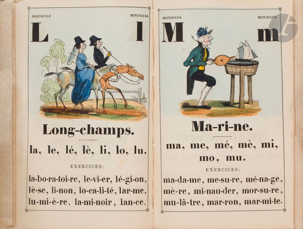 PORRET (Henri Désiré).
Alphabet pour les enfants.
Illustré de jolies vignettes gravées par Porret. Langlois et Leclercq. Rue de la Harpe, 81. Paris. Imprimé par Plon frères, rue de Vaugirard, 36. [1842]. In-12 (15,8 x 10,4 cm). (36) pp. : couvertures cartonnées avec encadrements ornés, la première illustrée d’une vignette montrant une mère faisant la lecture à ses enfants (signée Thompson), catalogue de la librairie sur la seconde.

Première édition d’un bel abécédaire gravé sur bois, colorié au pochoir et figurant des sujets humoristiques et des caricatures, par Henri Porret (1800-1867)
Vingt-cinq compostions à mi-page (pas de W) avec un personnage en pied représentant l’occurrence, le plus souvent sur fond aquarellé bleu ciel. Lettres majuscules et minuscules, en tête, nom de légende séparé en syllabes ainsi qu’une liste de mots en gros caractères à épeler, placés en pied. Très amusants sujets ; A de Adresse à Z de Zéphyr.
Exemplaire recherché bien conservé, dos légèrement frotté.