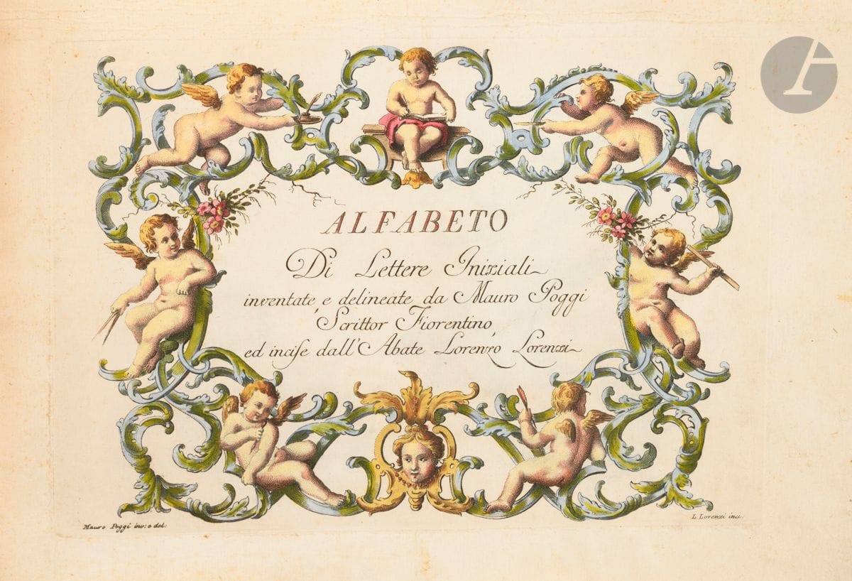 POGGI (Mauro).
Alfabeto Di Lettere Iniziali.
Inventate, e delineate da Mauro Poggi Scrittor Fiorentino, ed incise dall’ Abate Lorenzo Lorenzi. [Alphabet de lettres initiales inventé et esquissé par l’écrivain florentin Mauro Poggi et gravé par l’abbé Lorenzo Lorenzi]. Sans adresse, ni lieu, ni date. [Florence. Vers 1750]. In-folio oblong (28,5 x 41,5 cm). Titre gravé, (24) planches gravées en recto, tous coloriés à la main : demi-veau fauve moucheté, dos à cinq nerfs orné de filets dorés, plats de papier à la cuve. (Dos de la reliure moderne, plats anciens).

Édition rare et unique de ce superbe alphabet imaginé par l’artiste florentin Mauro Poggi.
Extraordinaire témoignage, en coloris d’époque, du courant pictural rococo en Italie, au milieu du XVIIIe siècle.
La fantaisie et le soin de la mise en scène de cette période, avec l’influence du théâtre et le goût des sujets galants et mythologiques, sont incomparables.
Conçu par Mauro Poggi, dessiné à la plume par Andrea Bimbi et gravé par Lorenzo Lorenzi.
Dans les entrelacs de feuilles d’acanthe, de fleurs et de fruits, figurent les plus élégantes capitales cursives. Page de titre illustrée de putti en encadrement, avec le texte également gravé, et vingt-quatre planches avec oiseaux, animaux fantastiques mêlés à de jeunes dieux païens dénudés, satyres, déesses de la mythologie, bouc-sirène de la Mésopotamie antique, dieu Pan et Sphinx. La colombe et son rameau pour la lettre L [Liberta ?]. Chat et chiens font également partie de ce fabuleux bestiaire. Le U et le V ne font qu’un à l’époque et, bien sûr, pas de W.
Exemplaire à grandes marges sur un fort papier vergé, finesse des ombres des corps et des décors coloriés au pinceau.
Les deux seuls exemplaires référencés sont en noir : Bibliothèque nationale de France et Bibliothèque nationale universitaire de Strasbourg, cette dernière indique un format plus petit : 24 x 35 cm, pas de taille pour la BnF. Quelques initiales isolées figurent dans les musées.
Aucun exemplaire connu de cette édition complète de grand format dans ses éclatants coloris.
Très bel exemplaire.