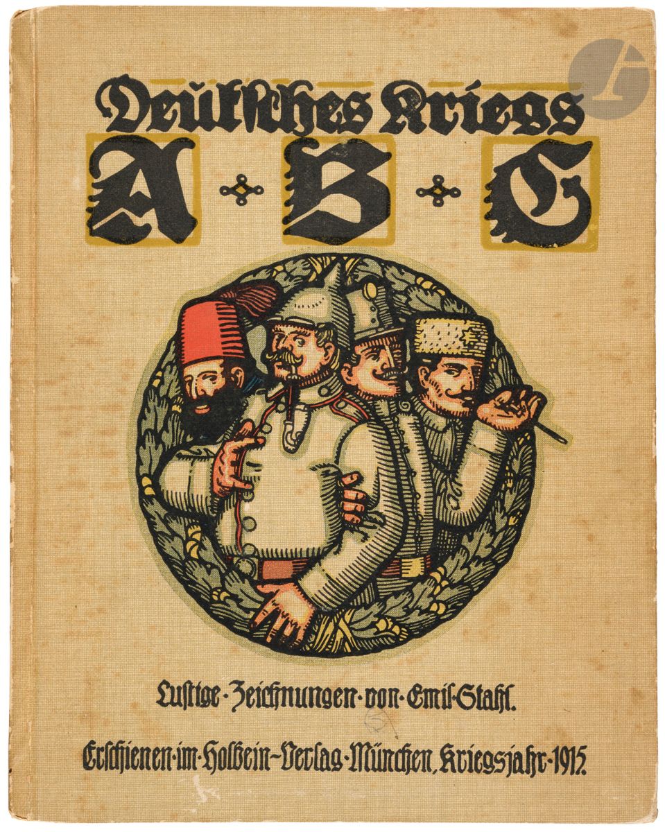 STAHL (Emil).
Deutsches Kriegs ABC.
Lustige Zeichnungen von Emil Stahl. Erschienen im Holbein-Verlag. München, Kriegsjahr 1915. In-8 (21 x 17 cm). Black illustrated title leaf, (25) color illustrated plates: cream percaline boards, first cover illustrated in color, military of Germany's allied nations in a circle.

Unique edition of this German propaganda primer published during the First World War.
Two color illustrations per plate, printed on one side, separated by two verses in Gothic script, initial in the center, ornate yellow and black frames. Beautiful graphic design [and text] by the painter, illustrator and Nazi politician, Emil Stahl (Nuremberg 1882- 1941 Berlin ?). After his studies at the Academy of Munich, he was appointed Kunstgauführer, from 1933. Director of the municipal art collections of Nuremberg. 
A: Der Ader fliegt ob Berg und Tal, Amerika bleibt strikt neutral. [The Ader flies over the mountain and the valley, America remains strictly neutral.] Z: Das Zebra galoppiert davon, Der Zar sitzt krampfhaft auf dem Tron. [The zebra gallops, the tsar sits convulsively on the throne].
Sought-after alphabet book with a violence of purpose associated with a seductive graphics.
Freckles on the plates.