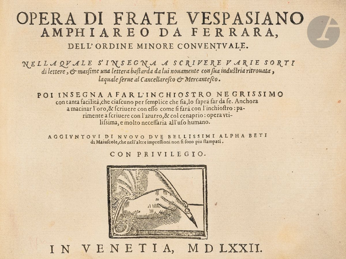AMPHIAREO (Vespasiano).
Opera di frate Vespasiano Amphiareo da Ferrara dell’ordine minore conventuale. [Oeuvre du frère Vespasiano Amphiareo de Ferrare de l’ordre conventuel mineur].
Nella quale s’insegna a scrivere varie sorti di lettere, & massime una lettera bastarda da lui nuouamente con sua industria ritrouata, la quale serue al Cancellaresco, & Mercantesco. Poi insegna a far l’inchiostro negrissimo con tanta facilità, che ciascuno per semplice che sia, lo saprà far da se. Anchora a macinar l’oro, & scriuere con esso come si farà con l’inchiostro : parimente a scriuere con l’azurro, & col cenaprio : opera ultissima, e molto necessaria all’uso humano. Aggiuntovi di nuovo due bellissimi alphabeti di maiuscole, che nell’altre impressioni non si sono piu stampati. Con privilegio. [Dans lequel on apprend à écrire diverses sortes de lettres, et surtout une lettre bâtarde trouvée par lui avec son industrie, qui sert le Cancellaresco, & Mercantesco. Puis il enseigne comment faire de l’encre noire avec une telle facilité, que tout le monde, aussi simple soit-il, saura le faire lui-même. Encore moudre de l’or, & écrire avec lui comme on le ferait avec de l’encre : de même pour écrire avec de l’azur, & avec du cinabre : tout dernier ouvrage, et bien nécessaire à l’usage humain. [Sont] Ajoutés à nouveau deux beaux alphabets de lettres majuscules, qui dans les autres impressions n’ont pas été imprimés. Avec privilège]. [Sans adresse]. In Venetia. [À Venise]. 1572. In-12 oblong (15 x 20,6 cm). Titre avec vignette gravée sur bois, (92) pp. : basane brune mouchetée, dos à cinq nerfs ornés, dentelle dorée sur les coupes. (Reliure du XVIIe siècle).


Précieux traité sur l’art de l’écriture par le religieux franciscain et calligraphe de Ferrare, Vespasiano Amphiareo (1501-1563).
L’ouvrage débute sur l’utilisation du bleu, de l’or et du cinabre pour la réalisation des encres. Suivent pages dans la typographie bâtarde de son invention et dont les textes sont encadrés, pour la plupart des pages, d’alphabets. Pages d’ornements de lettres, précèdent les doubles pages d’alphabets en différentes typographies où les larges initiales ne sont que deux par page, toutes gravées sur bois dans des encadrements.
Alphabets très ornés et deux derniers alphabets [ajoutés dans cette édition, comme le mentionne la page de titre] à l’extrême modernité graphique géométrique.
Première édition, différente, à Venise en 1548.
Recueil de la plus grande rareté.
Un alphabet de huit feuillets a été ôté [D 6 à E 5]. À peine visible restauration sur les coupes. Pièce de titre, sur le dos, manquante.