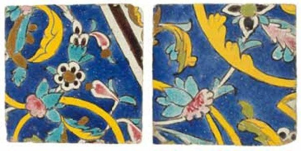 DEUX CARREAUX DE REVÊTEMENT AUX RINCEAUX FLEURIS, IRAN, ART SAFAVIDE, XVIIE SIÈCLE Céramique à décors polychromes en «lignes noires» sur fond bleu cobalt de rinceaux de palmes digitées fleuris de rosettes et boutons de lotus. (Petits éclats au rebord) D.: 21,5 x 21,5 cm
