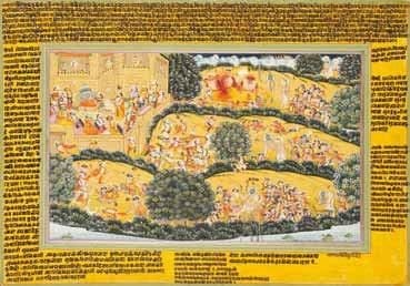 Râma, Lakhshmana et leurs alliés sont aux portes de Lankâ. Ils affrontent le frère de Râvana, le géant Kumbhakarna, et son fils, le magicien Indrajit, ainsi que son armée de démons. En bas, le démon Indrajit a jeté les flèches-serpents sur Râma et son frère