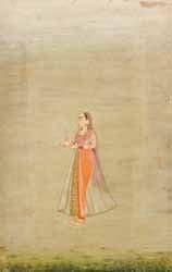 JEUNE FEMME AU PLATEAU, INDE, ART MOGHOL, FIN XVIIIE SIÈCLE Miniature sur page d'album. Une jeune femme vêtue d'une longue jupe en voile transparent sur un pantalon orange, et portant un voile mauve, tient dans ses mains un plateau contentant une bouteille et deux petites coupelles. Tampons de collection au verso donnant le nom de la collection du Maharaja de Bikaner. (Marges tronquées et petits manques) Dim.: 16 x 8,6 cm