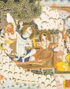 LA «SAINTE FAMILLE», RAJASTHAN JAÏPUR, XIXE SIÈCLE Shiva et Parvati sur une terrasse dans un paysage montagneux, sont assis face à un grand palais. Ils écoutent le groupe de musiciens qui se tient devant eux, et sont entourés de leurs enfants, Ganesh et Kârttikeyya. Au premier plan sont couchés un tigre et le buffle Nandin. (Petites usures et petite mouillure) Dim. page: 27,5 x 21 cm
