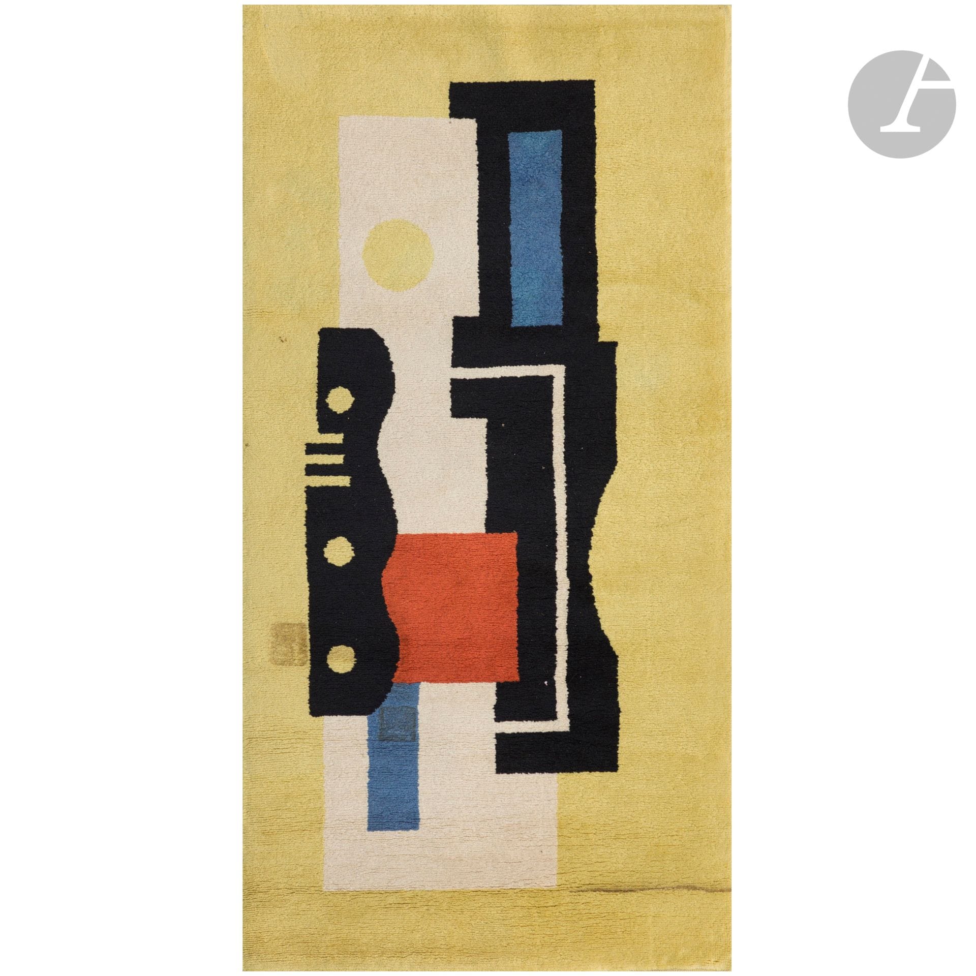 FERNAND LÉGER (1881-1955) (D’APRÈS) & MARIE CUTTOLI (1879-1973) ET GALERIE LUCIE WEILL-SELIGMANN ÉDITEURS
Jaune N° 9, d’après le carton conçu en [1927]
Tapis rectangulaire au point noué.
Laines de couleur.
Marques de pieds de meuble.
Marqué F. LEGER dans la trame au revers.
227 x 113 cm 

Provenance :
Collection particulière, Paris.

Exposition : 
Les Tapis de Maîtres – Galerie Lucie Weill-Seligmann, Paris (27 novembre – 31 décembre 1991). Un modèle identique présenté lors de cette manifestation sous le numéro 17 du catalogue.

Bibliographie :
- Dominique Paulvé – Marie Cuttoli – Myrbor et l’invention de la tapisserie moderne – Éditions Norma, Paris, 201. Un tapis identique reproduit page 80.
- Jacques Sirat et Françoise Siriex – Tapis français du XXe siècle ; de l’Art nouveau aux créations contemporaines – Les Éditions de l’Amateur, Paris, 1993. Un tapis identique reproduit page 893.
