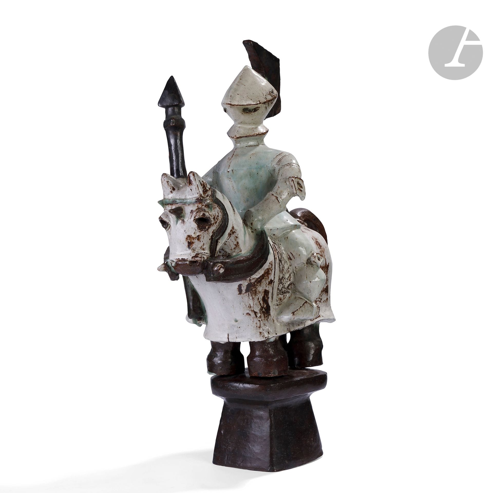 FRANÇOISE BIZETTE (1914-1996)
Chevalier en armure et à cheval
Importante sculpture ; évoquant un épi de faîtage. 
Épreuve, réalisée en deux parties, en céramique émaillée polychrome.
Fin des années 1940, début des années 1950.
Signée F. BIZETTE à deux reprises, à la base du socle et sur une des jambes du cheval.
Hauteur : 68 cm – Largeur : 60 cm – Profondeur : 30 cm

Bibliographie :
Andrée Hirlet – Françoise Bizette, 1914-1996 : céramiste, peintre, graveur – Volume 2, Œuvre céramique monumentale – Lycée de Sèvres, Sèvres, 1999. Notre sculpture reproduite sans la base page 6.
