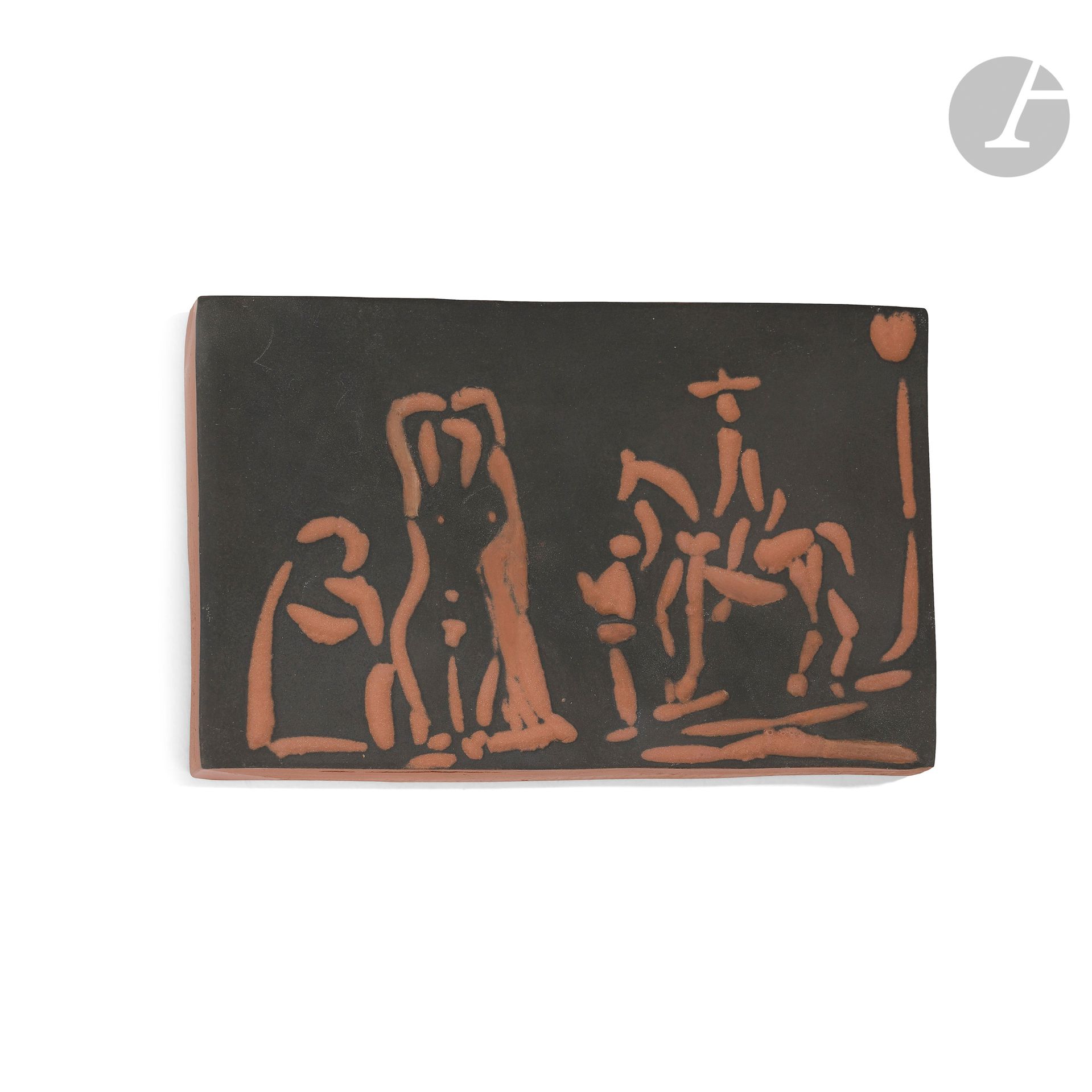 PABLO PICASSO (1881-1973) & ATELIER MADOURA
Femmes et toréador, modèle créé en [1968], notre épreuve numérotée 310/500
Plaque rectangulaire.
Empreinte originale, éditée à cinq cents exemplaires tous numérotés réalisés chez Madoura.
Épreuve en terre de faïence rouge, imprimée au tampon d’engobe ; noir.
Restaurations.
Porte les cachets en creux Empreinte Originale PICASSO et MADOURA Plein Feu, les mentions et la numérotation gravées J149 – 310/500 – MADOURA sur un cartouche à l’engobe noir au revers.
Longueur : 16,8 cm – Largeur : 10,8 cm

Bibliographie :
Alain Ramié - Picasso, catalogue de l’œuvre céramique édité 1947-1971 - Éditions Madoura, 1988. Modèle identique reproduit page 268 sous le numéro 541 du catalogue.
