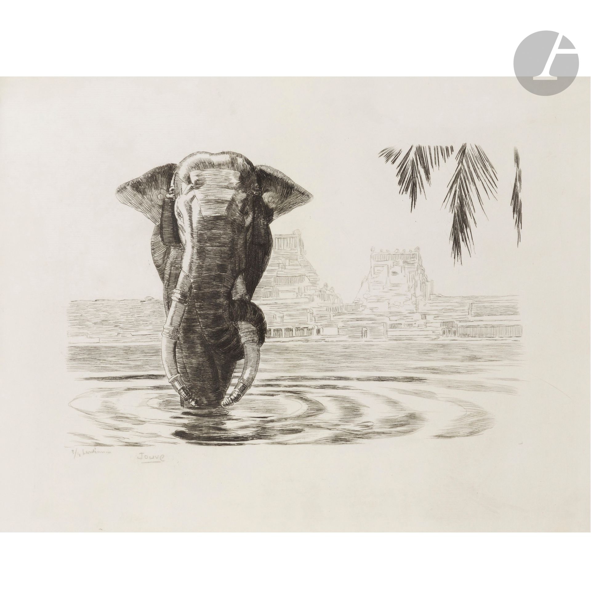 PAUL JOUVE (1878-1973)
Éléphant de Madura, 1931, épreuve sur parchemin numérotée 3/4
Eau-forte originale sur parchemin ; complète de ses larges marges d’origine.
Présentée sous marie-louise et avec un encadrement moderne à grosse moulure en placage d’ébène de Macassar. 
Signée JOUVE et numérotée 3/4 Parchemin, au crayon en bas à gauche sous la partie gravée.
Feuille seule à vue : 44 x 55 cm 
Cuvette : 41 x 50 cm
Avec encadrement : 68 x 79 cm

Important :
Nous remercions l’ayant droit de l’artiste de nous avoir aimablement confirmé l’authenticité de cette œuvre.

Historique :
Cette eau-forte vit le jour au sein d’une série de dix eaux-fortes conçues, ainsi qu’un frontispice, pour l’album titré Paul Jouve aux Éditions Apollo pour la Galerie Weill en 1931. Pour ces Éléphant de Madura, Jouve réalisa, en parallèle des exemplaires sur Japon, quatre épreuves sur parchemin. Ces exemplaires de luxe tirés sur peau, support délicat et très onéreux, permettaient une qualité et une fidélité du rendu bien supérieures à celles sur papier, fût-il de très haute qualité.

Bibliographie :
Félix Marcilhac – Paul Jouve, peintre sculpteur animalier – Les Éditions de l’Amateur, Paris, 2005. Une épreuve de notre modèle d’eau-forte reproduite page 370.