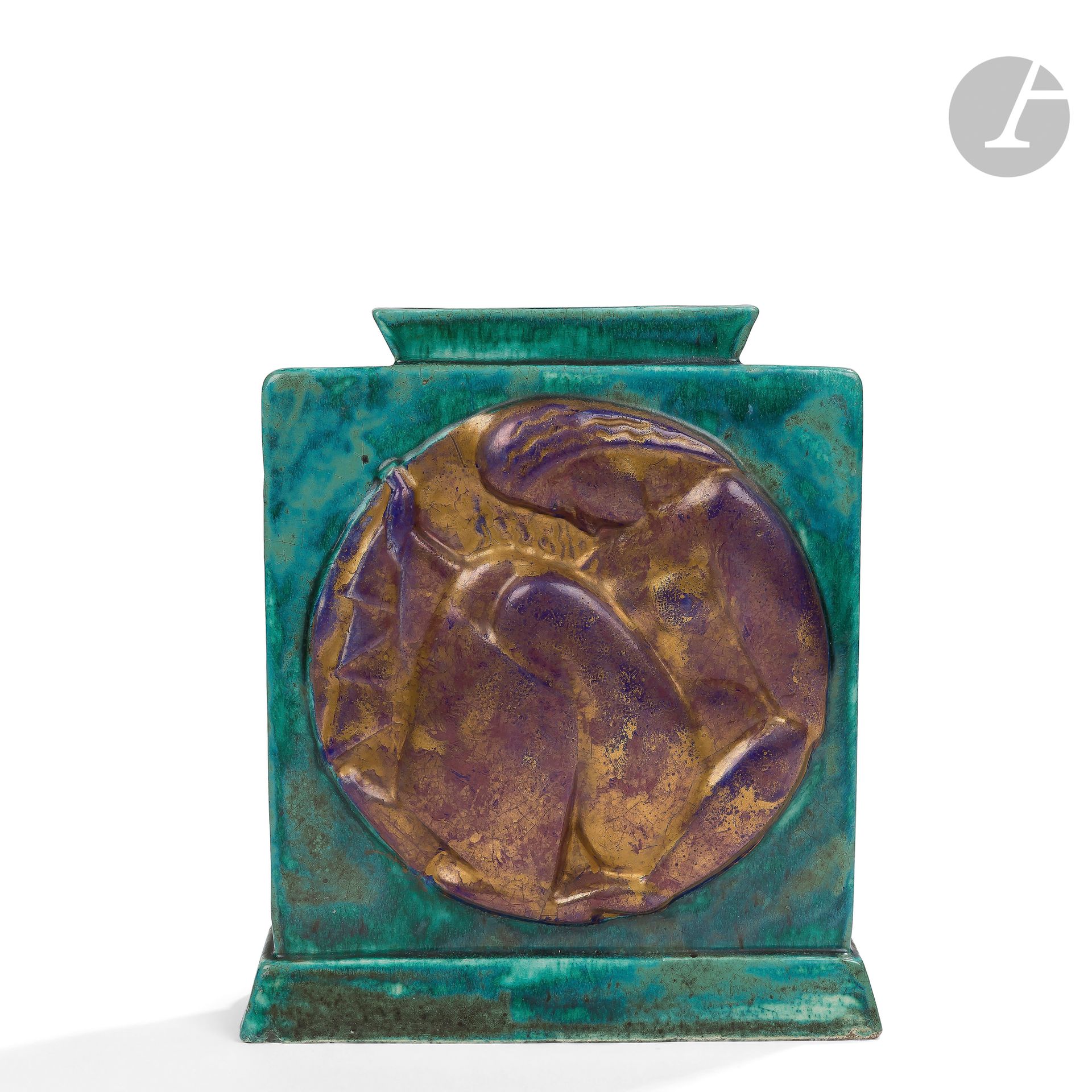 ÉDOUARD CAZAUX (1889-1974) CERAMIST &amp; BELA VÖRÖS (1899-1983) SCULPTOR 
Seated bather
Quadrangular flattened vase with truncated cone-shaped base and neck.
Polychrome glazed ceramic proof; the title decoration is treated in relief in a circular medallion and with kiln-fired gold.
Art Deco period, circa 1925-30.
Marked C. L. V. (for CAZAUX Le Varenne) under the base.
Height: 25.5 cm - Length: 22.5 cm