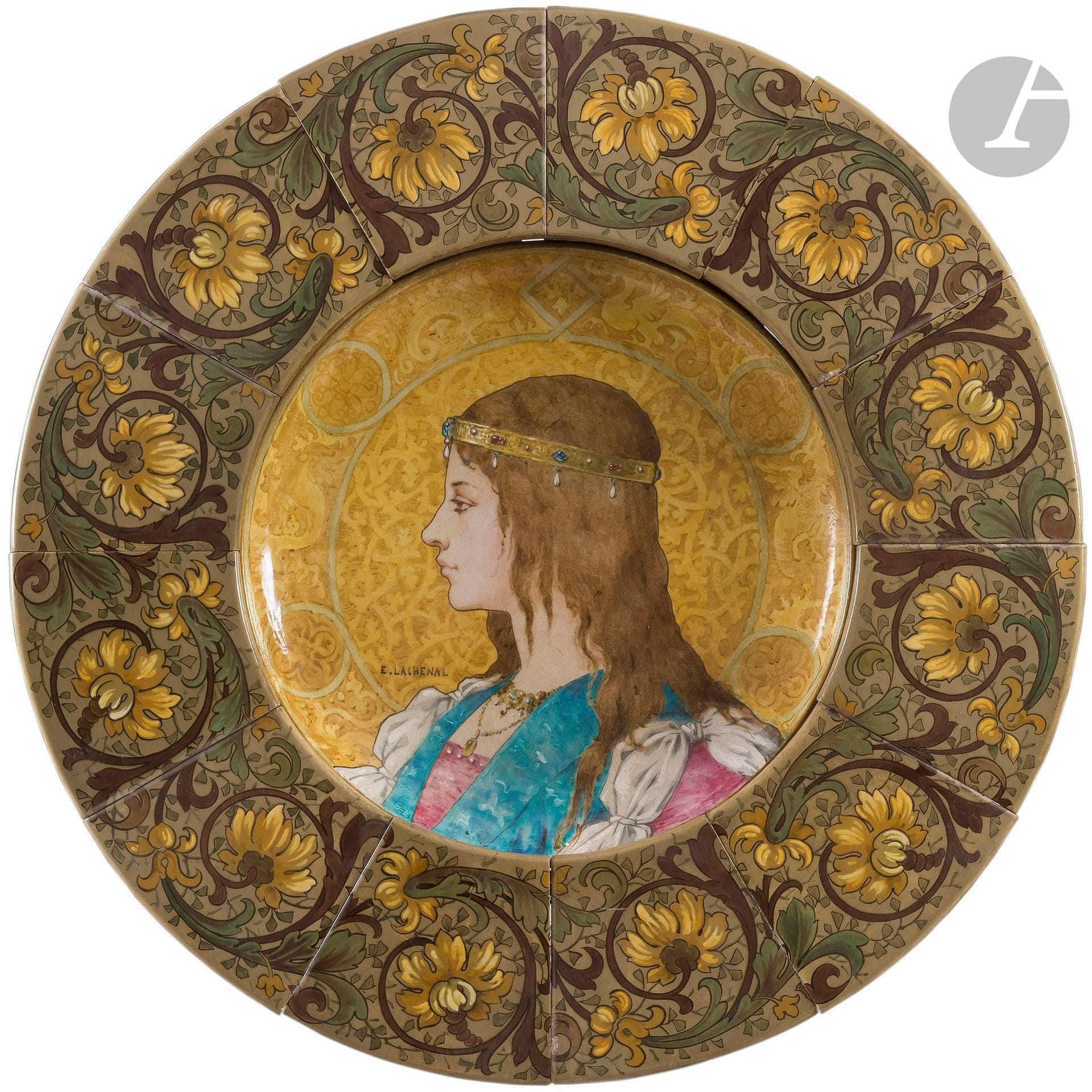 EDMOND LACHENAL (1855-1948)
Jeune femme dans le goût Haute-Époque, 1884, one of a kind
Exceptional and spectacular circular medallion consisting of a central round hollow plate and its wide 12-part wing.
Polychrome glazed ceramic proof; some parts in very slight relief under glaze. 
Presented in its original blackened wood frame.
A few small chips and scattered enamel chips, accidents and damage to the wooden frame.
Signed E. LACHENAL on the obverse of the central part, signed, located and dated Edmond LACHENAL Chatillon-sous-Bagneux Seine 1884 on the reverse, each part stamped LACHENAL on the back.
Diameter of ceramic part: 103 cm
Diameter of central medallion: 60 cm
Frame size: 115 x 115 cm
