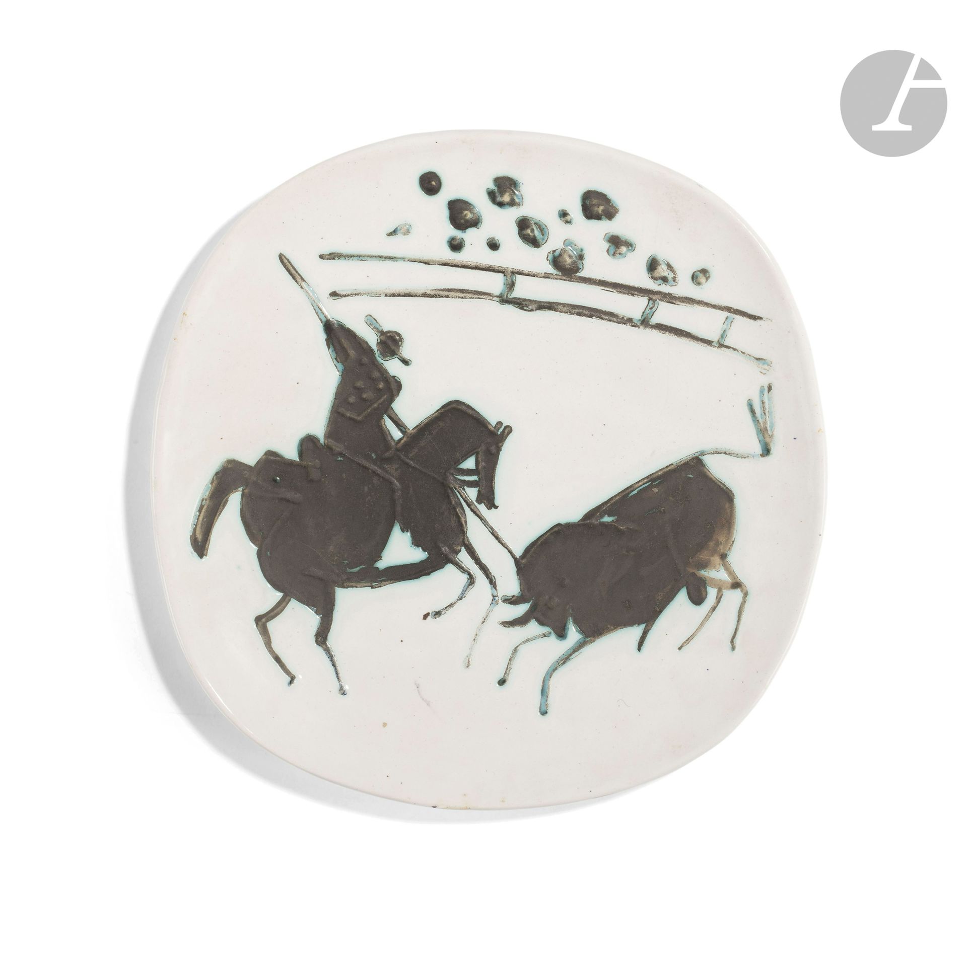 PABLO PICASSO (1881-1973) & ATELIER MADOURA
Picador et taureau, modèle créé le [25 septembre 1953]
Assiette ronde/carrée.
Empreinte originale, éditée à deux cents exemplaires réalisés chez Madoura.
Épreuve en terre de faïence blanche, décor à la paraffine oxydée, bain d’émail blanc ; noir.
Porte les cachets en creux Empreinte originale de PICASSO et MADOURA Plein Feu au revers.
Diamètre : 25,3 cm

Bibliographie :
Alain Ramié - Picasso, catalogue de l’œuvre céramique édité 1947-1971 - Éditions Madoura, 1988. Modèle identique reproduit page 106 sous le numéro 194 du catalogue.