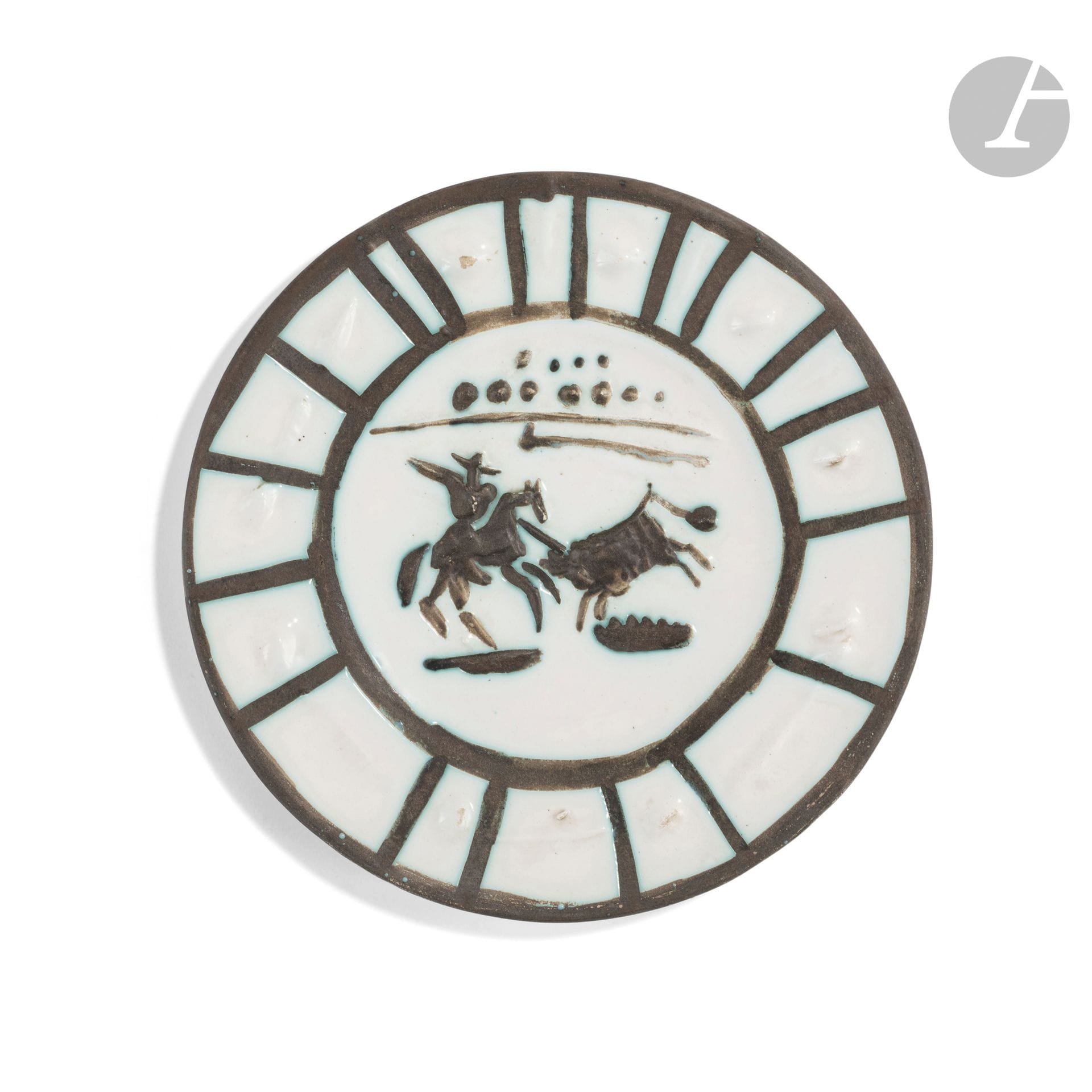 PABLO PICASSO (1881-1973) & ATELIER MADOURA
Picador, modèle créé le [25 septembre 1953]
Assiette ronde.
Empreinte originale, éditée à deux cents exemplaires réalisés chez Madoura.
Épreuve en terre de faïence blanche, décor à la paraffine oxydée, bain d’émail blanc ; brun, vert.
Porte les cachets en creux Empreinte originale de PICASSO et MADOURA Plein Feu au revers.
Diamètre : 24cm

Bibliographie :
Alain Ramié - Picasso, catalogue de l’œuvre céramique édité 1947-1971 - Éditions Madoura, 1988. Modèle identique reproduit page 109 sous le numéro 201 du catalogue.