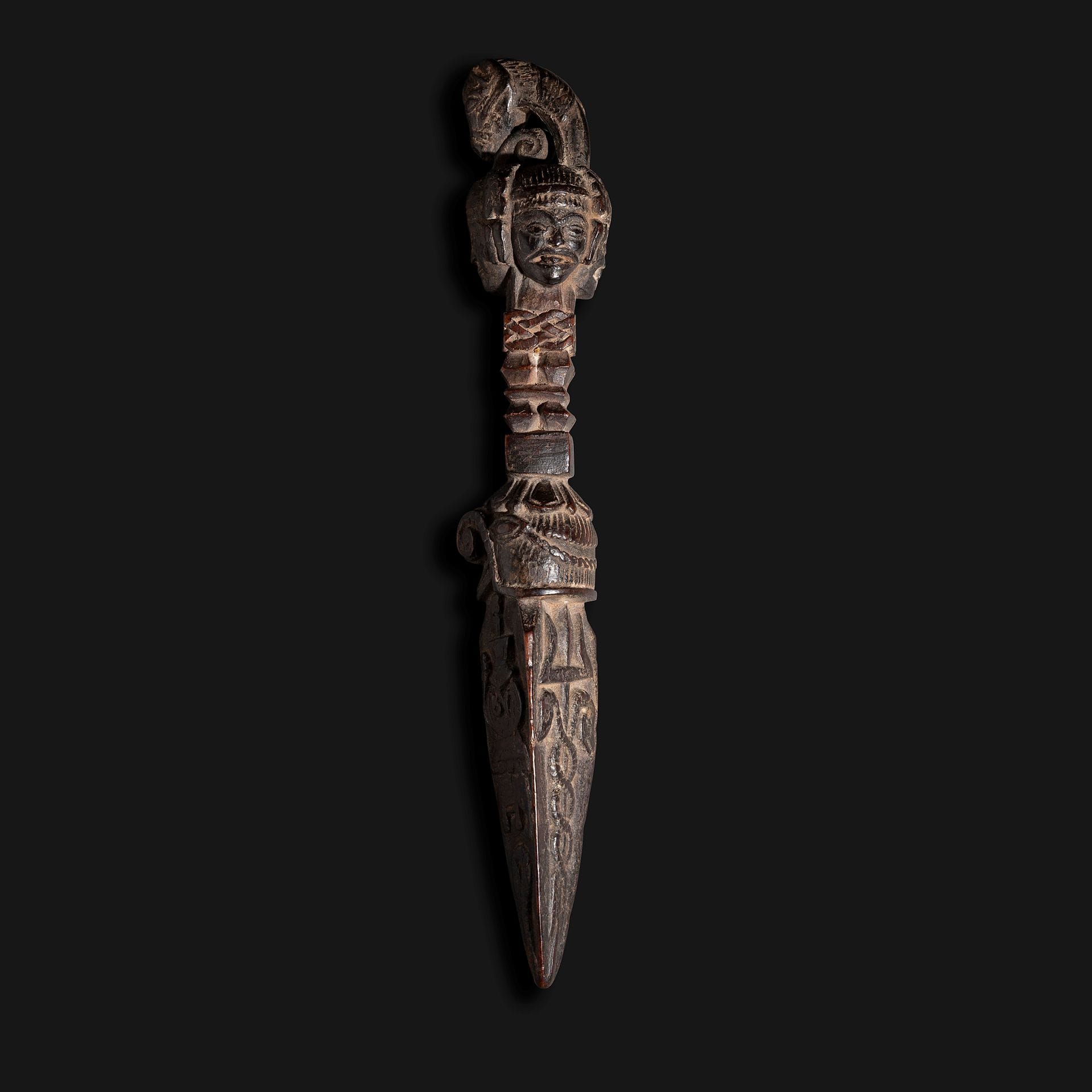 A ritual dagger, shamanic phurbu.

Nepal

Wood, beautiful patina of use.

H. 26,5 cm

 

Provenance :

Collection Nadine Vinot-Postry, Paris.