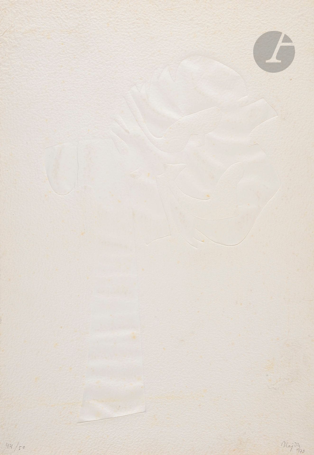 Étienne Hajdú (István Hajdu, dit) (français d›origine hongroise, 1907-1996)
Composition. 1973. Empreinte de formes de métal découpées. [385 x 565]. Très belle épreuve sur vélin blanc fort texturé, numérotée, signée et datée au crayon. Rousseurs claires éparses. Toutes marges. Tirage à 50 épreuves.