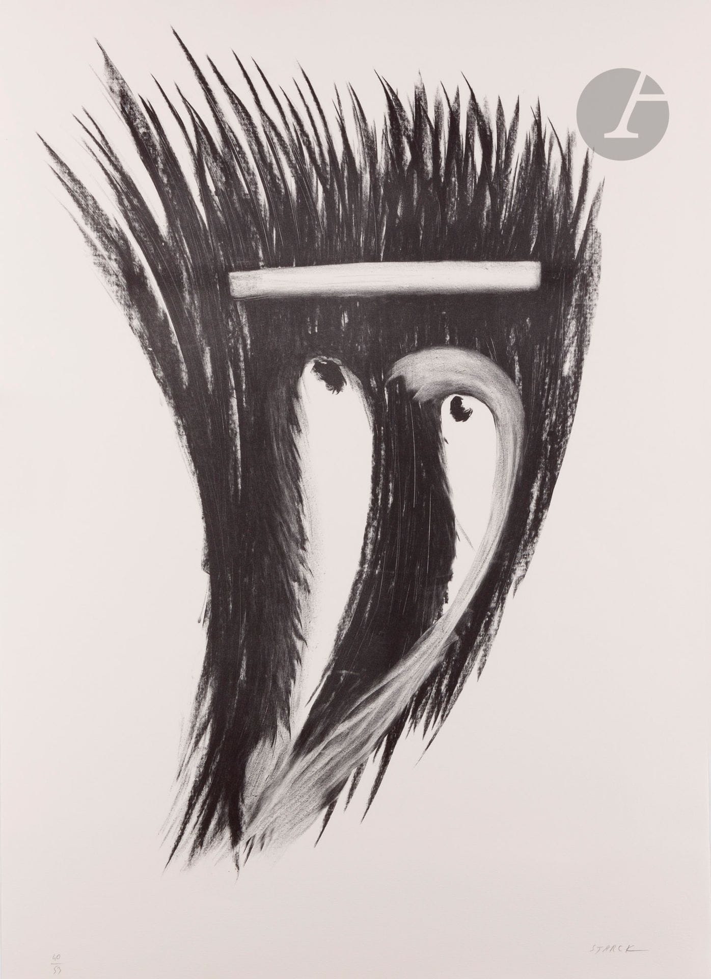 Philippe Starck (né en 1949)
6 pl. pour l’album Étrangetés. Paris, galerie Baudouin Lebon éd., 1988. Zincographie. Chaque feuille : 720 x 1150. Parfaites épreuves sur vélin blanc, numérotées et signées au crayon (numérotation non homogène). Toutes marges. Tirage à 53 épreuves.
 Cet album fut édité à l’occasion du SAGA 1988. Les sujets sont en relation avec des vases créés par l’artiste pour Daum.