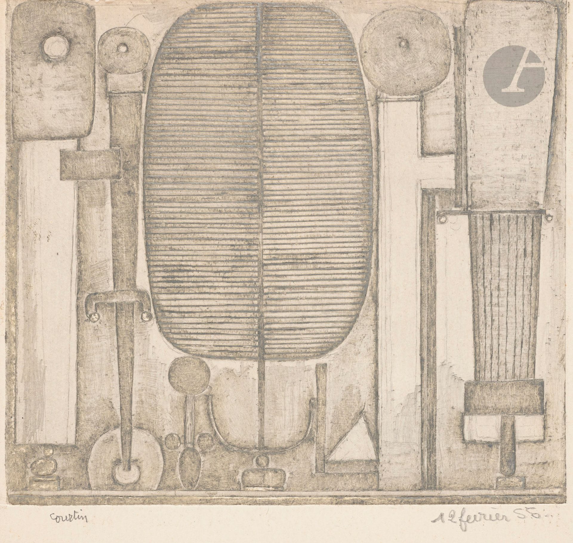 Pierre Courtin (1921-2012)
Family portrait. 1955. Etching on zinc. 165 x 150, Rivière 234. Printed in gray. Very fine proof on heavy cream textured laid paper, signed and annotated "12 février 55" in pencil, with no margin at the head. Small margins on three sides. Very rare. Final edition of 5 proofs.
