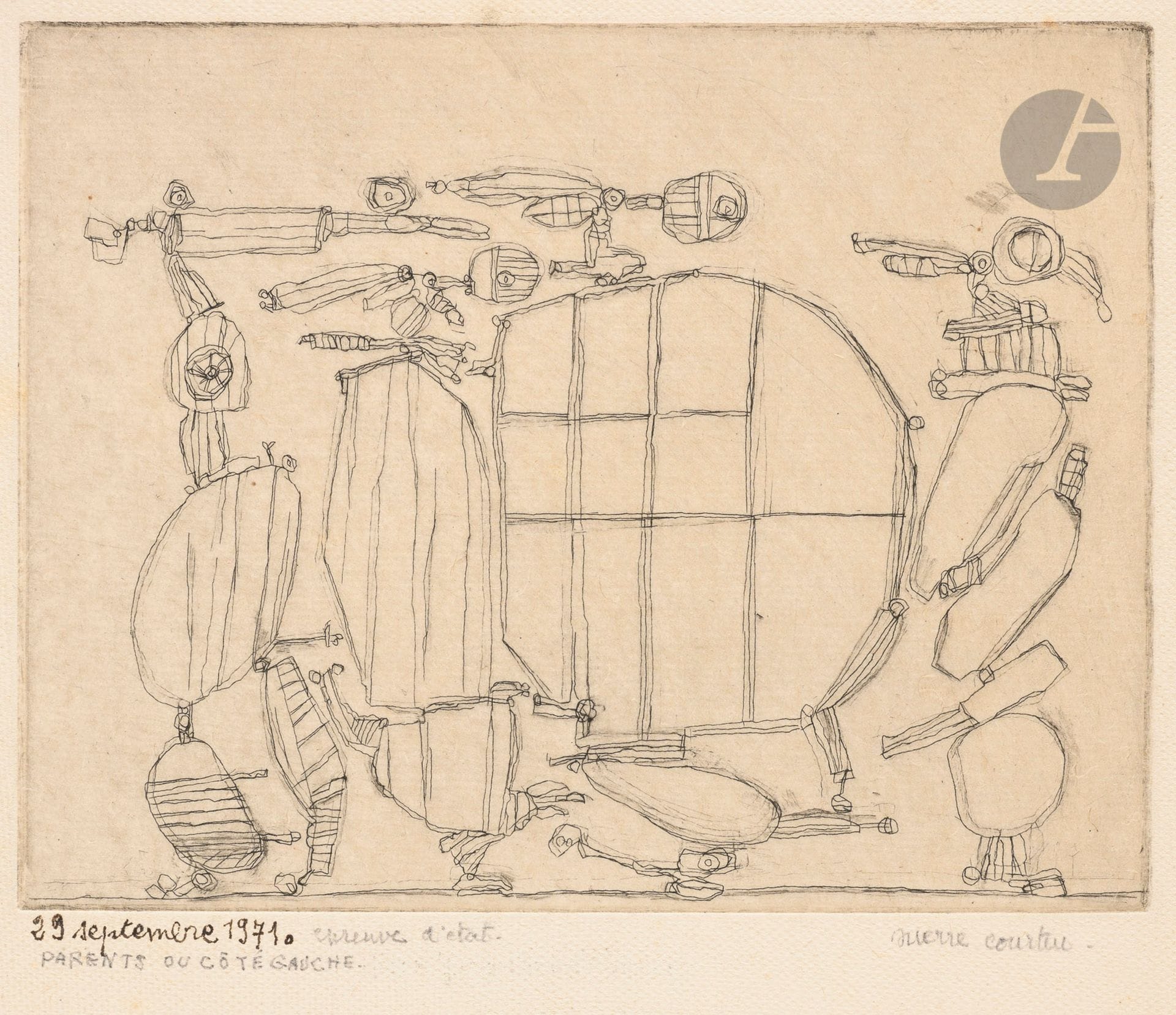 Pierre Courtin (1921-2012)
Parents du côté gauche. 1971. Gravure au burin. 150 x 118. Rivière 383. Très belle épreuve sur vergé mince crème texturé, datée à la plume et à l’encre « 29 septembre 1971 », puis « épreuve d’état », titrée et signée au crayon. Toutes marges.