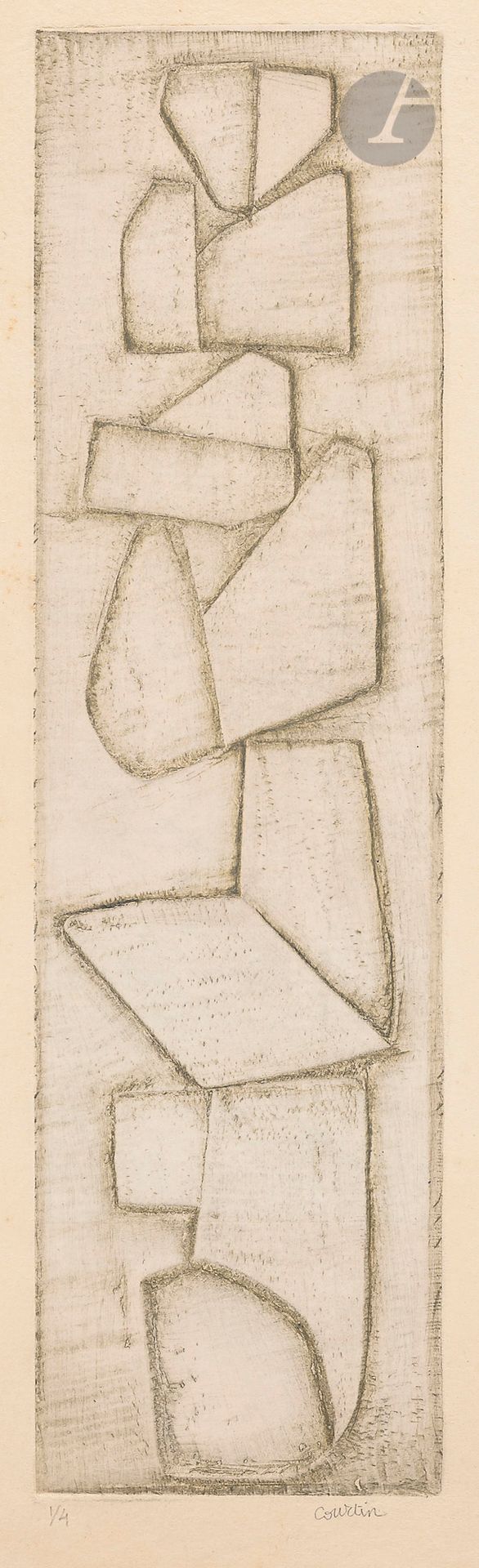 Pierre Courtin (1921-2012)
15 décembre 1953. 1953. Gravure au burin (échoppe) sur zinc. 85 x 315. Rivière 204. Impression en gris. Réunion de 2 très belles épreuves d’états sur vergé fort, numérotées et signées au crayon. Rousseurs claires éparses. Toutes marges. Très rare. Tirage définitif à 10 épreuves.