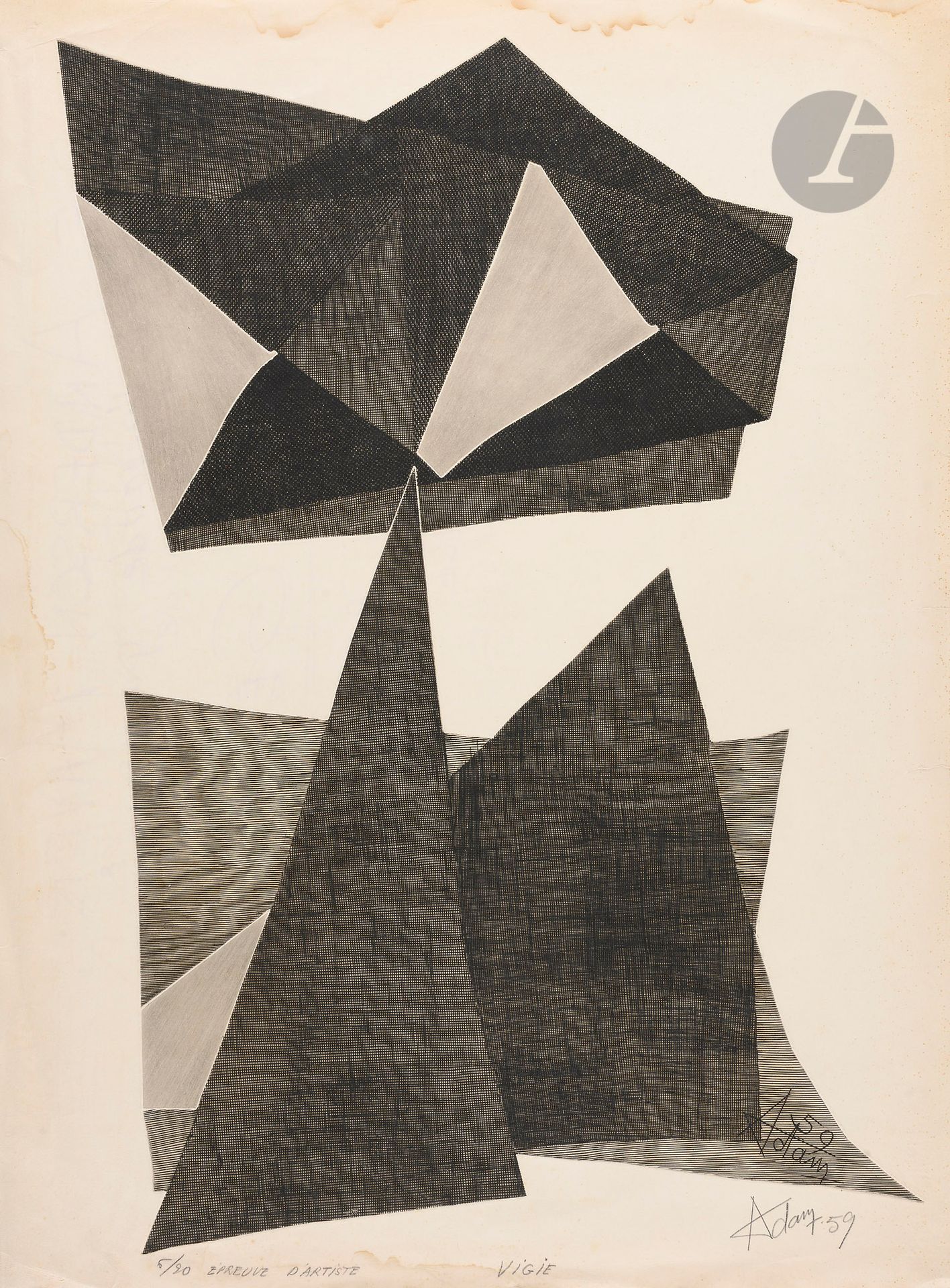 Henri-Georges Adam (1904-1967)
Vigie. 1959. Burin sur cuivre découpé. [560 x 760]. Très belle épreuve sur vélin crème, annotée « 5/20 épreuve d’artiste », titrée, signée et datée au crayon. Plis et plusieurs déchirures aux bords du feuillet. Auréoles d’humidité le long des bords supérieur et inférieur. Semis de minuscules rousseurs le long du bord droit. Épidermures dans les angles au verso. Toutes marges.