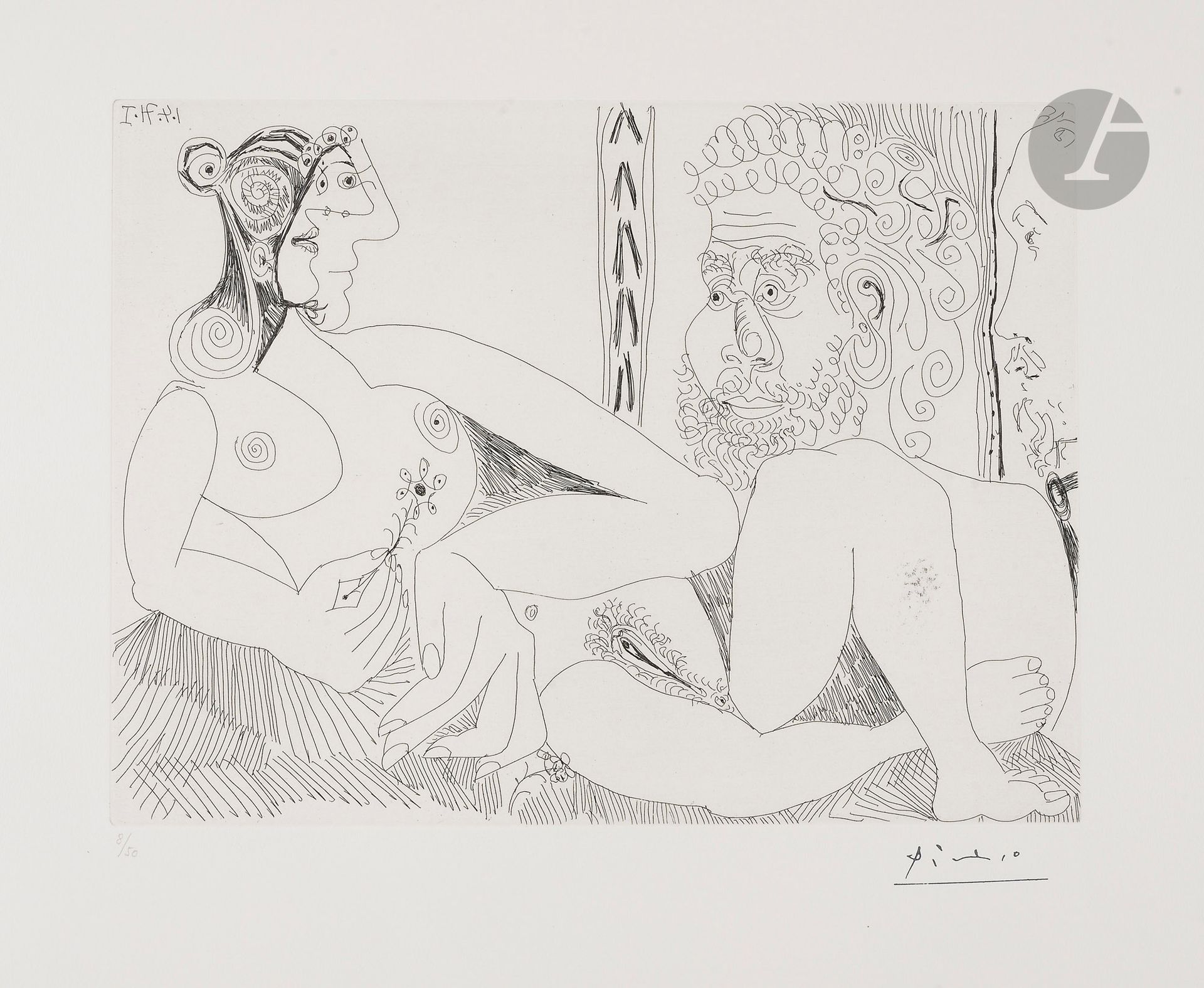 Pablo Picasso (1881-1973)
Femme aux fleurs et portrait de barbu, avec Degas de profil. (Les 156, pl. 104). 1er avril 1971. Eau-forte. 302 x 227 [450 x 360]. Bloch 1959 ; Baer 1968 B a. Parfaite épreuve sur vélin blanc, numérotée au crayon et revêtue du timbre de la signature. Toutes marges non ébarbées. Tirage à 50 épreuves. Galerie L. Leiris éd. (1978).
 Provenance :
H. M. Petiet (1894-1980).