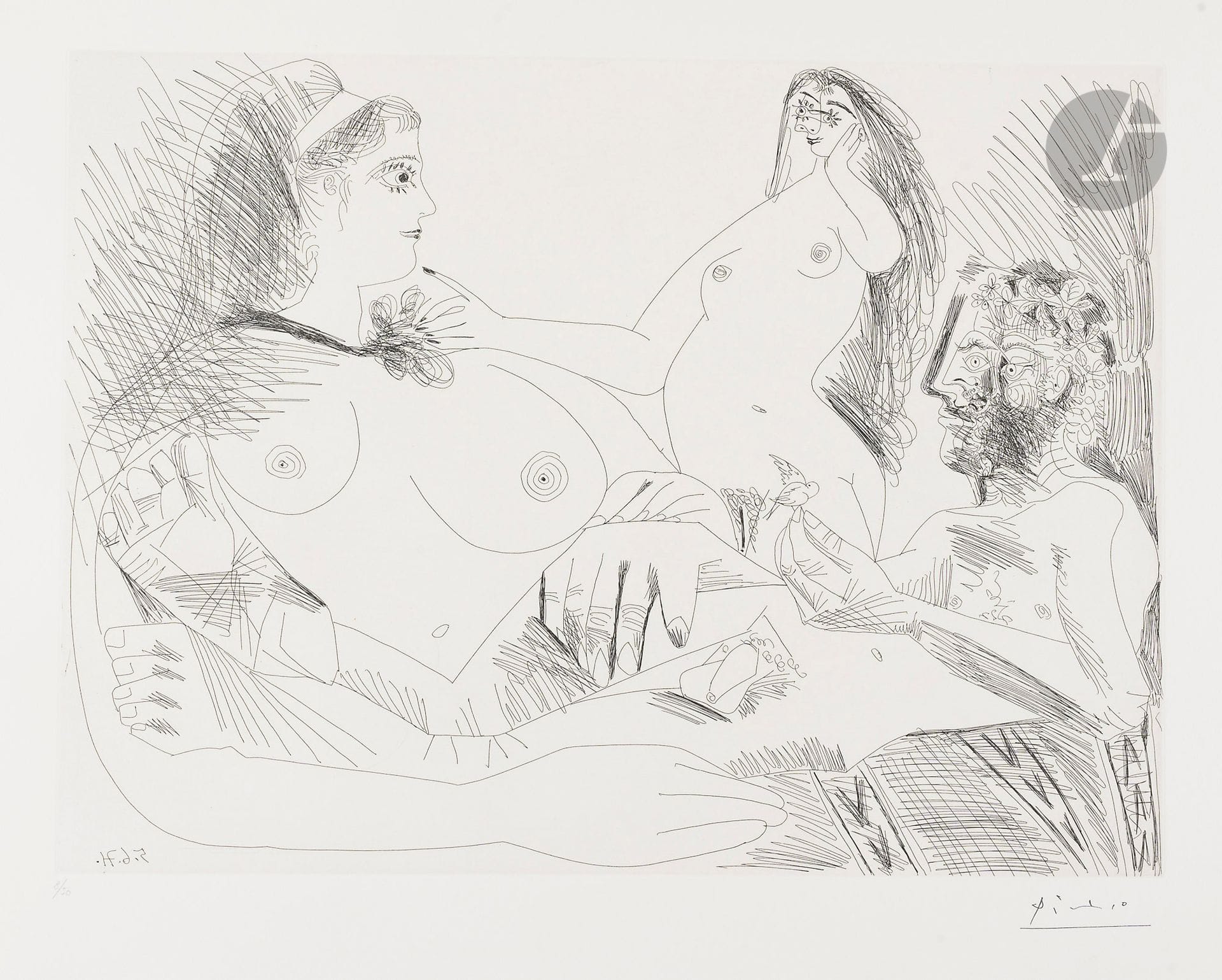 Pablo Picasso (1881-1973)
Beautiful young woman at her toilette dreaming that she possesses a small emaciated woodsman carrying a bird. (Les 156, pl. 144). June 5, 1971. Etching. 490 x 365 [650 x 500]. Bloch 1998; Baer 2008 B a. Perfect proof on white vellum, numbered in pencil and stamped with the signature. All margins untrimmed. Edition of 50 proofs. Galerie L. Leiris ed. 1978.
 Provenance:
H. M. Petiet (1894-1980).