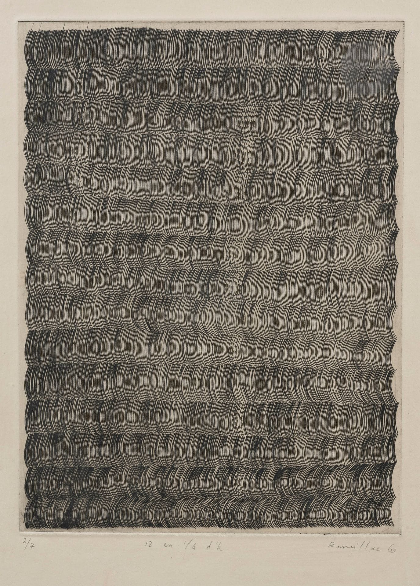 Bernard Rancillac (1931-2021)
12 en 1/4 d’h. 1960. Eau-forte. 235 x 313. Très belle épreuve sur japon fort, numérotée, titrée, signée et datée au crayon. Infimes salissures marginales. Toutes marges. Tirage à 7 épreuves. Cadre.