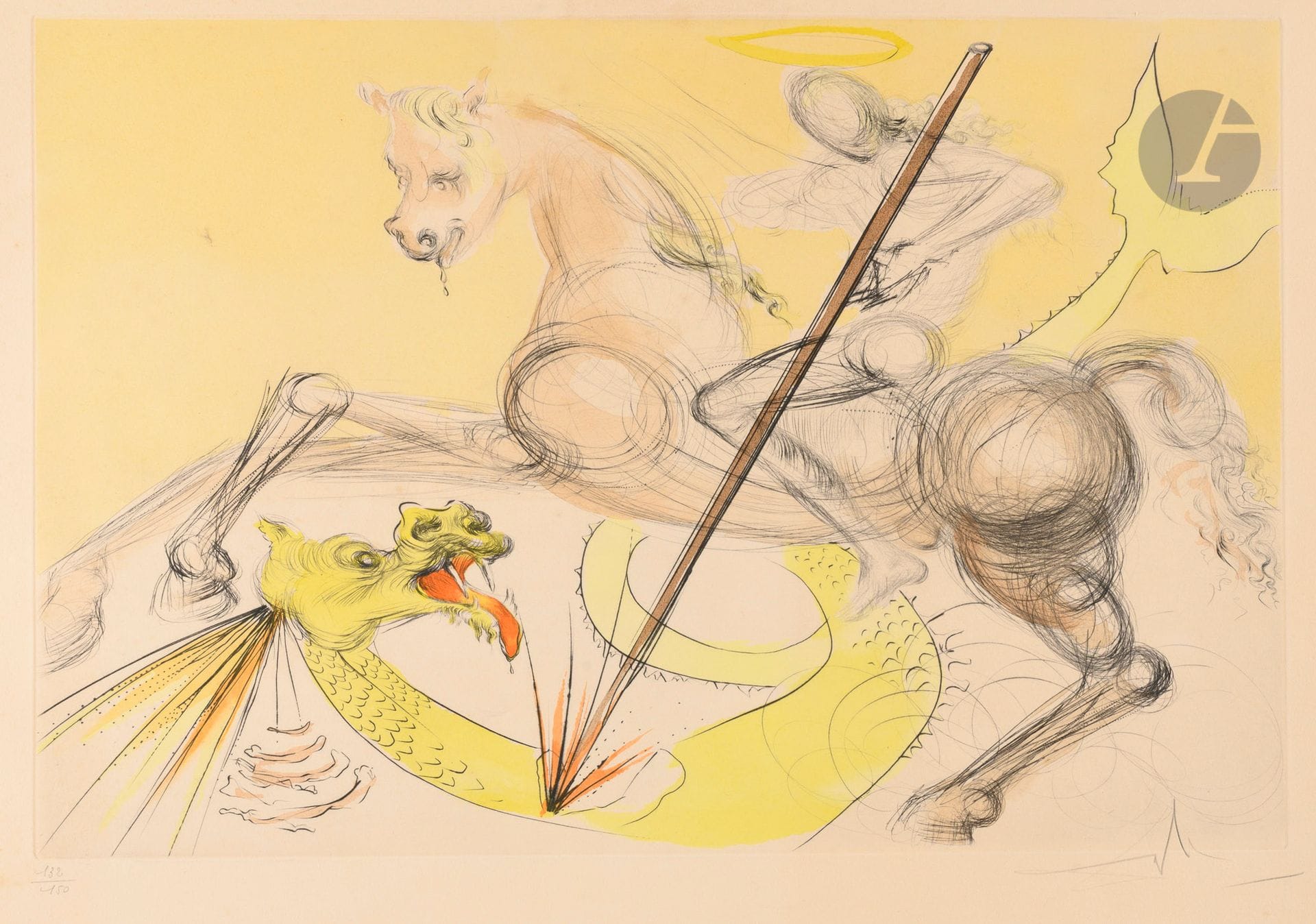 Salvador Dalí (1904-1989)
Saint Georges et le dragon. 1974. Pointe sèche et coloris au pochoir. 585 x 395. Michler et Löpsinger 733. Belle épreuve sur vélin ivoire filigrané « arches », numérotée et revêtue d’une signature au crayon, légèrement oxydée. Courts plis cassés en marge supérieure et dans l’angle inférieur gauche. Toutes marges. Tirage à 150 épreuves sur ce papier.
