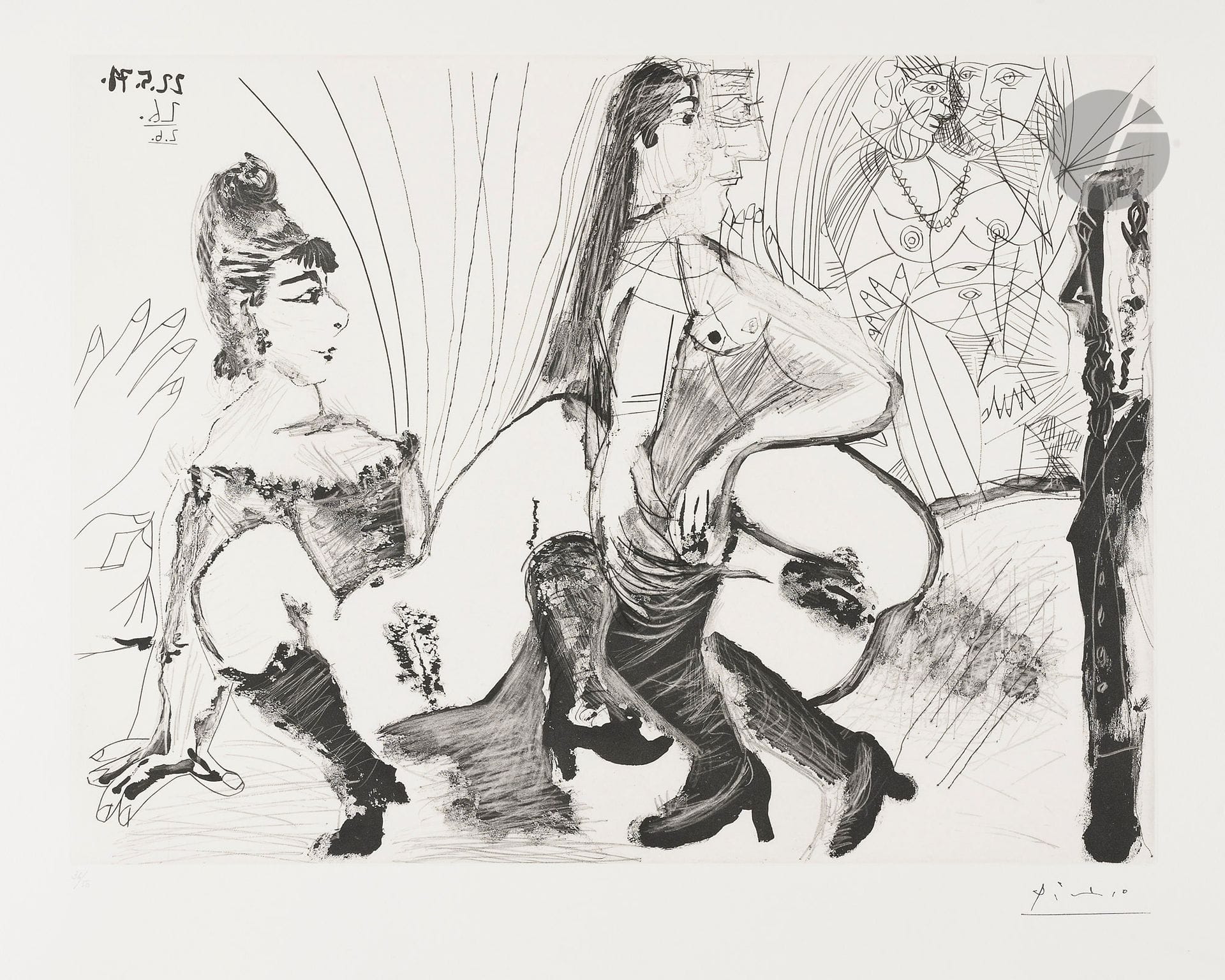 Pablo Picasso (1881-1973)
Degas paie et s’en va. Les filles ne sont pas tendres. (Les 156, pl. 133). 22 mai-7 juin 1971. Aquatinte au sucre, grattoir et pointe sèche. 490 x 365 [650 x 500]. Bloch 1988 ; Baer 1998 III B a. Parfaite épreuve sur vélin blanc, numérotée au crayon et revêtue du timbre de la signature. Toutes marges non ébarbées. Tirage à 50 épreuves. Galerie L. Leiris éd. (1978).
 Provenance :
H. M. Petiet (1894-1980).