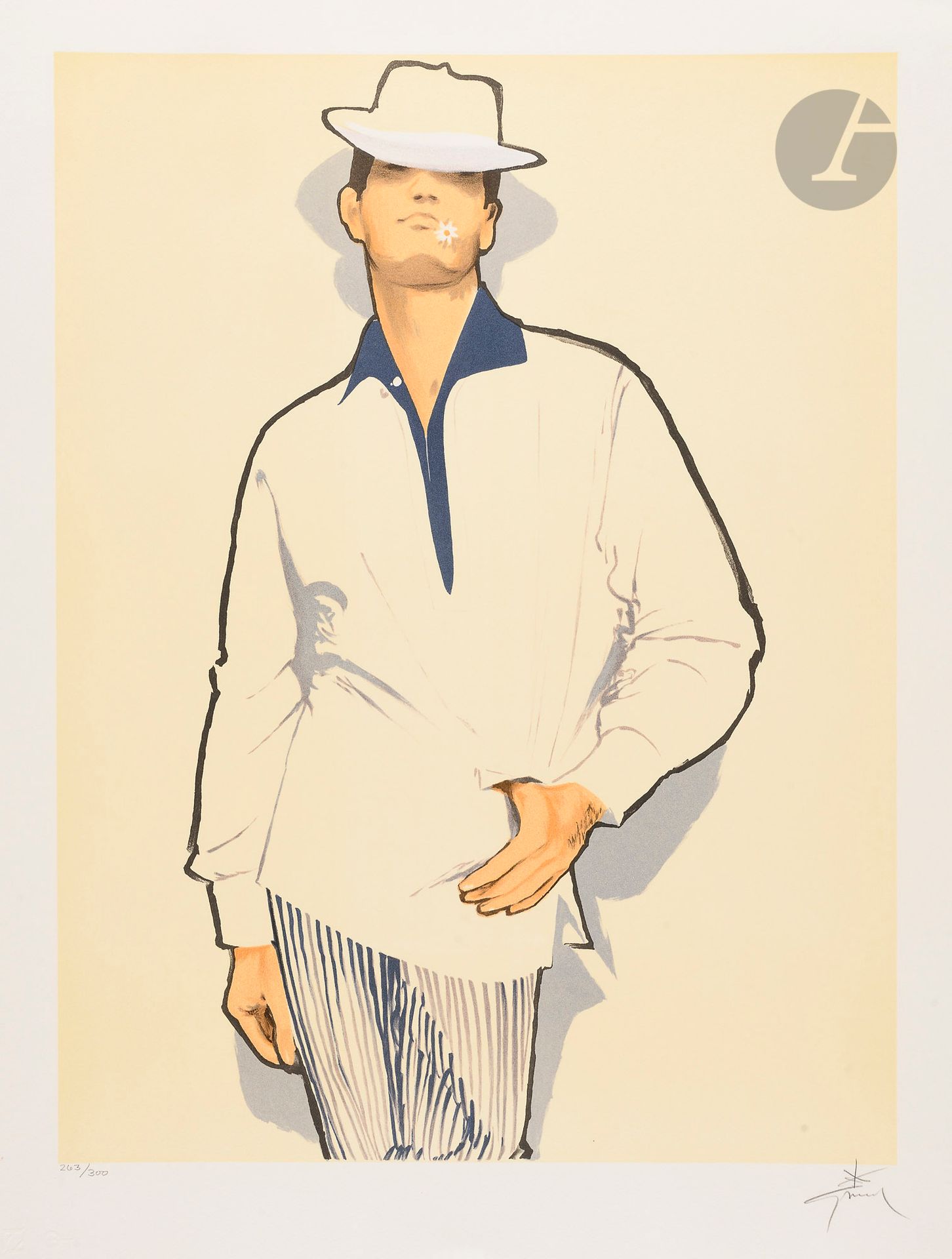 René Gruau (1909-2004)
Man with daisy. (Pl. from the Portraits of Men series). 1990. Lithograph. [538 x 710]. Printed in color. Very fine proof on white vellum, numbered and signed in pencil. On verso, copyright René Gruau lower left and label pasted upper right. Full margins. Edition of 300 proofs. Dry stamp: Circle Gallery.