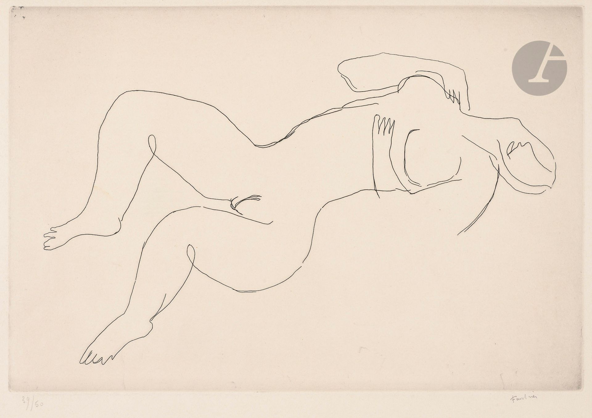Jean Fautrier (1898-1964)
Reclining Nude I. 1944. Etching. 350 x 235. Mason 139. Very fine proof on ivory vellum, numbered and signed in pencil. Slight oxidation to the edges of the sheet. Full margins. Edition of 50 proofs. Couturier ed. (circa 1960).
