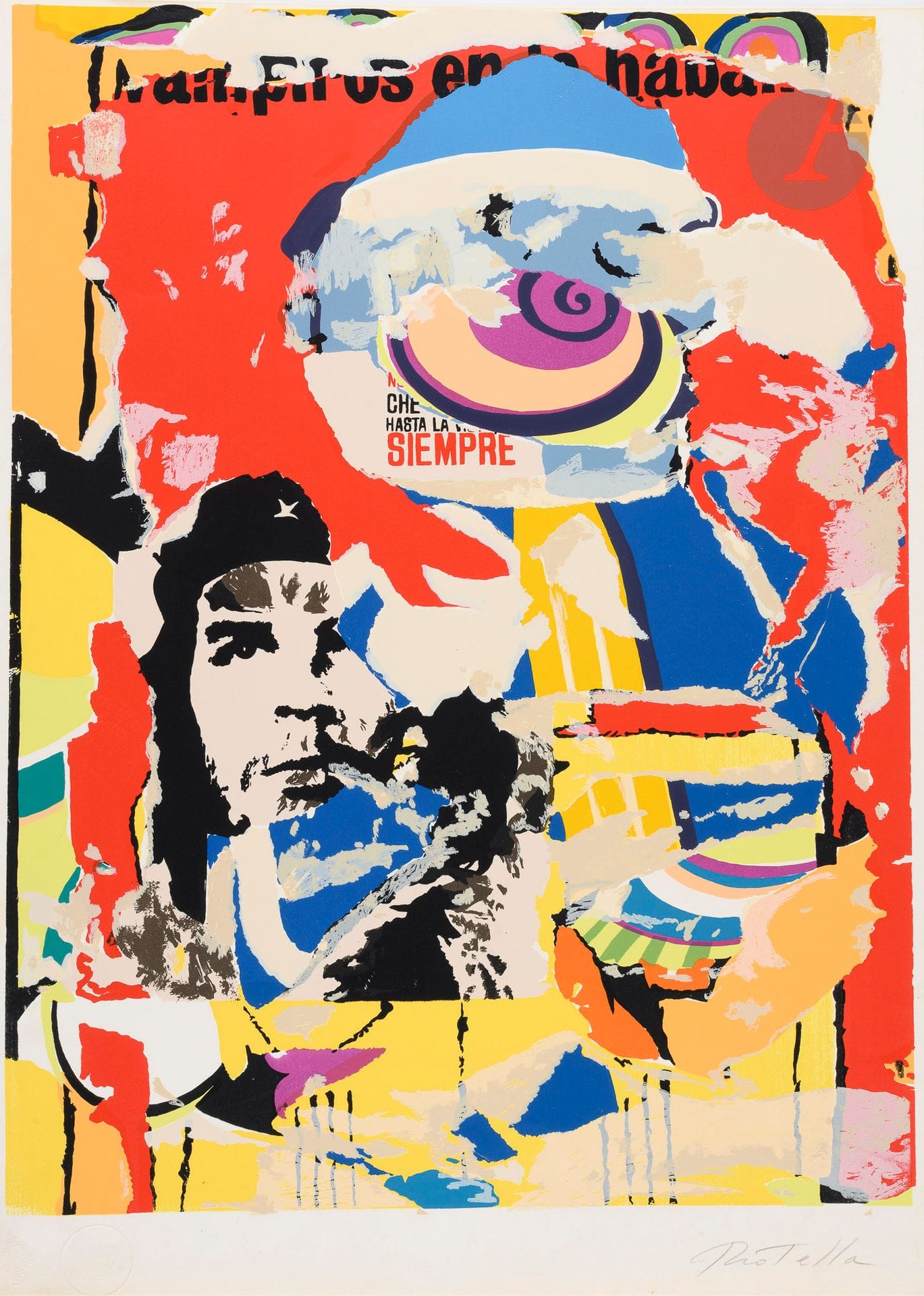 Mimmo Rotella (italien, 1918-2006)
Hasta la victoria siempre (Che Guevara). Sérigraphie en couleurs. [ 500 x 700]. Très belle épreuve sur vélin blanc fort, signée au crayon. Minuscules accidents dans les angles inférieurs. Toutes marges. Timbre sec de l’éditeur.