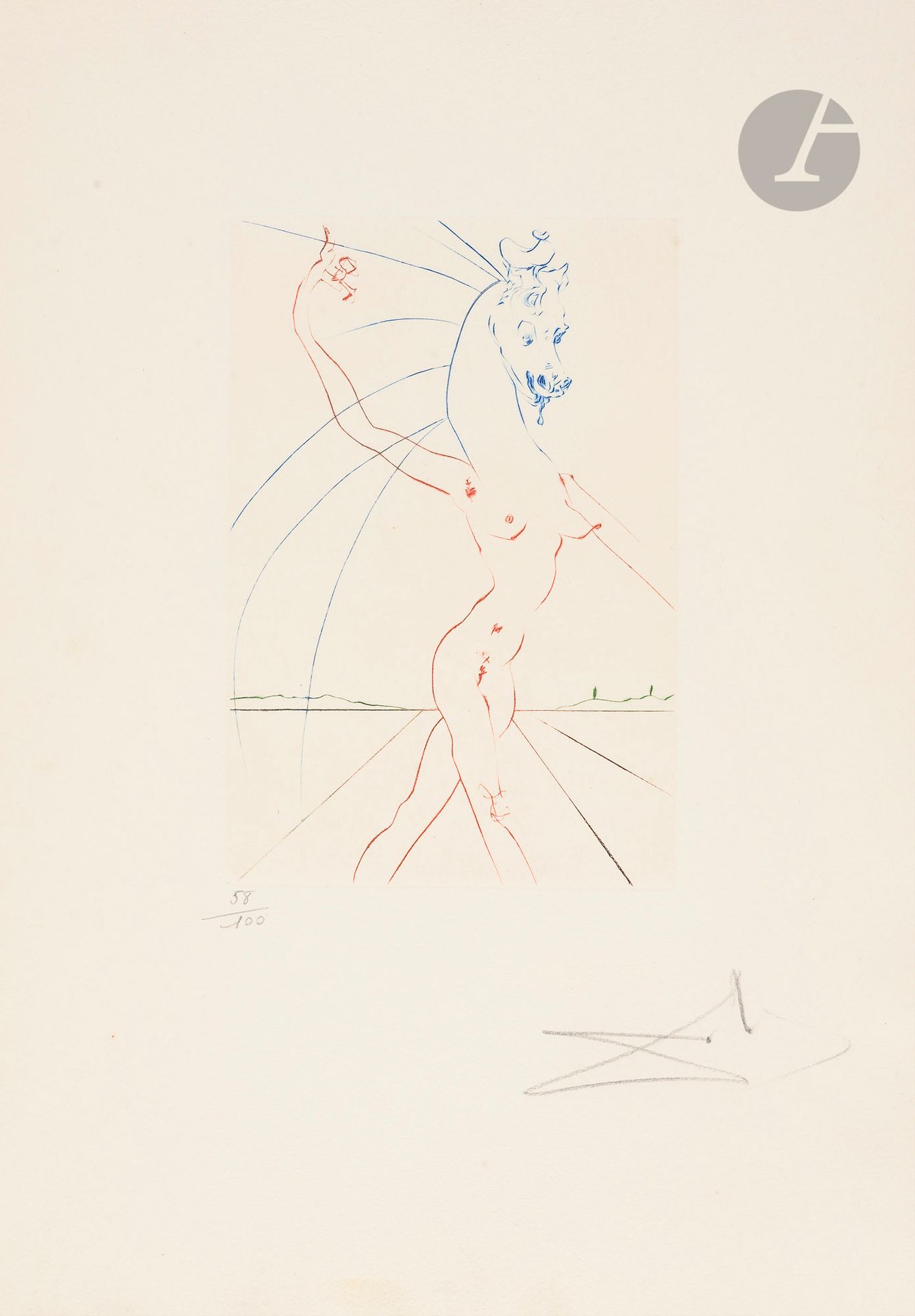 Salvador Dalí (1904-1989)
Hippofemme. (Pl. de la suite Femmes et chevaux). 1973. Pointe sèche. 147 x 217. Michler et Löpsinger 586. Impression en couleurs. Très belle épreuve sur vergé Auvergne, numérotée et revêtue d’une signature au crayon. Très légère trace d’oxydation en pied du feuillet. Toutes marges. Tirage à 100 épreuves sur ce papier.