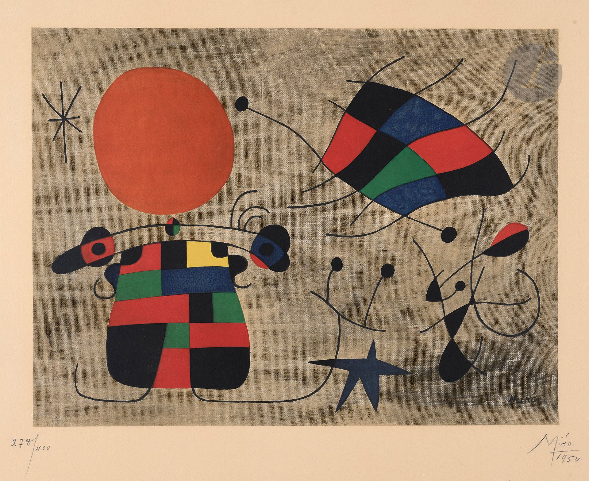 Joan Miró (1893-1983)
The Smile with Flaming Wings. 1954. Photolithograph after a painting by the artist. [648 x 485]. Printed in color. Very fine proof on ivory vellum, numbered, signed and dated in pencil. Slight oxidation of the folio. Small tear at foot. Full margins. Edition of 400 proofs.