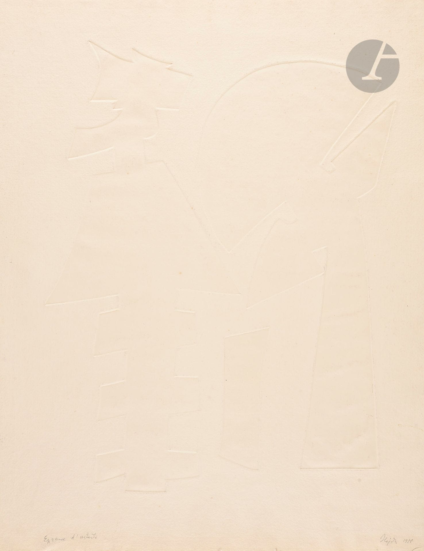 Étienne Hajdú (István Hajdu, dit) (français d›origine hongroise, 1907-1996)
Composition. 1958. Empreinte de formes de métal découpées. [ 500 x 640]. Très belle épreuve sur vergé fort ivoire d’Auvergne, annotée « Epreuve d’artiste », signée et datée au crayon. Toutes marges.