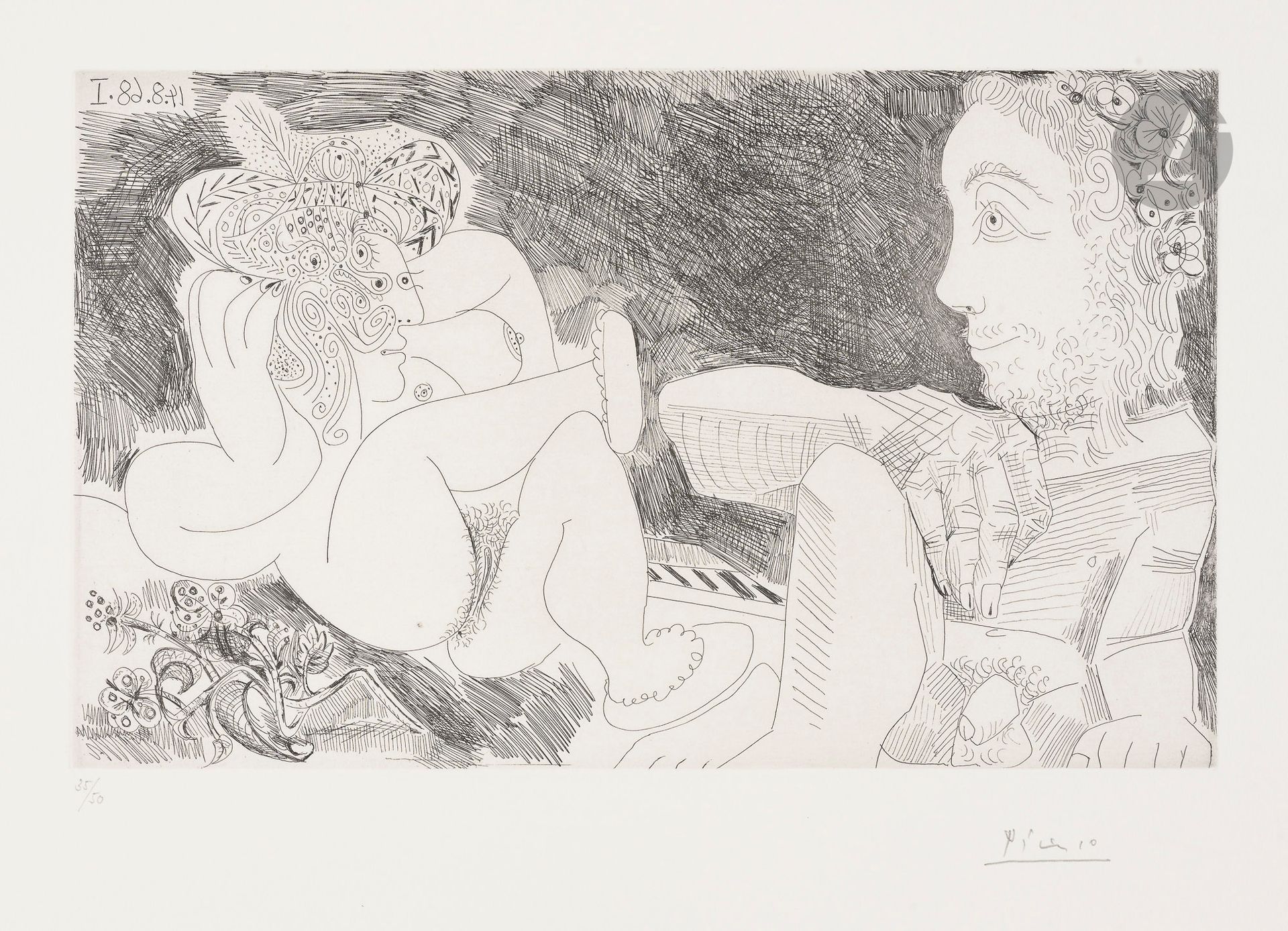 Pablo Picasso (1881-1973)
Au jardin : odalisque en pantoufles au chapeau, avec des fleurs, et spectateur ingresque. (Les 347, pl. 277). 14 août 1968. Eau-forte. 323 x 195 [452 x 315]. Bloch 1756 ; Baer 1774 B b 1. Parfaite épreuve sur vélin blanc, numérotée et signée au crayon. Toutes marges non ébarbées. Tirage à 50 épreuves. Galerie L. Leiris éd. (1969).
 Provenance :
H. M. Petiet (1894-1980).