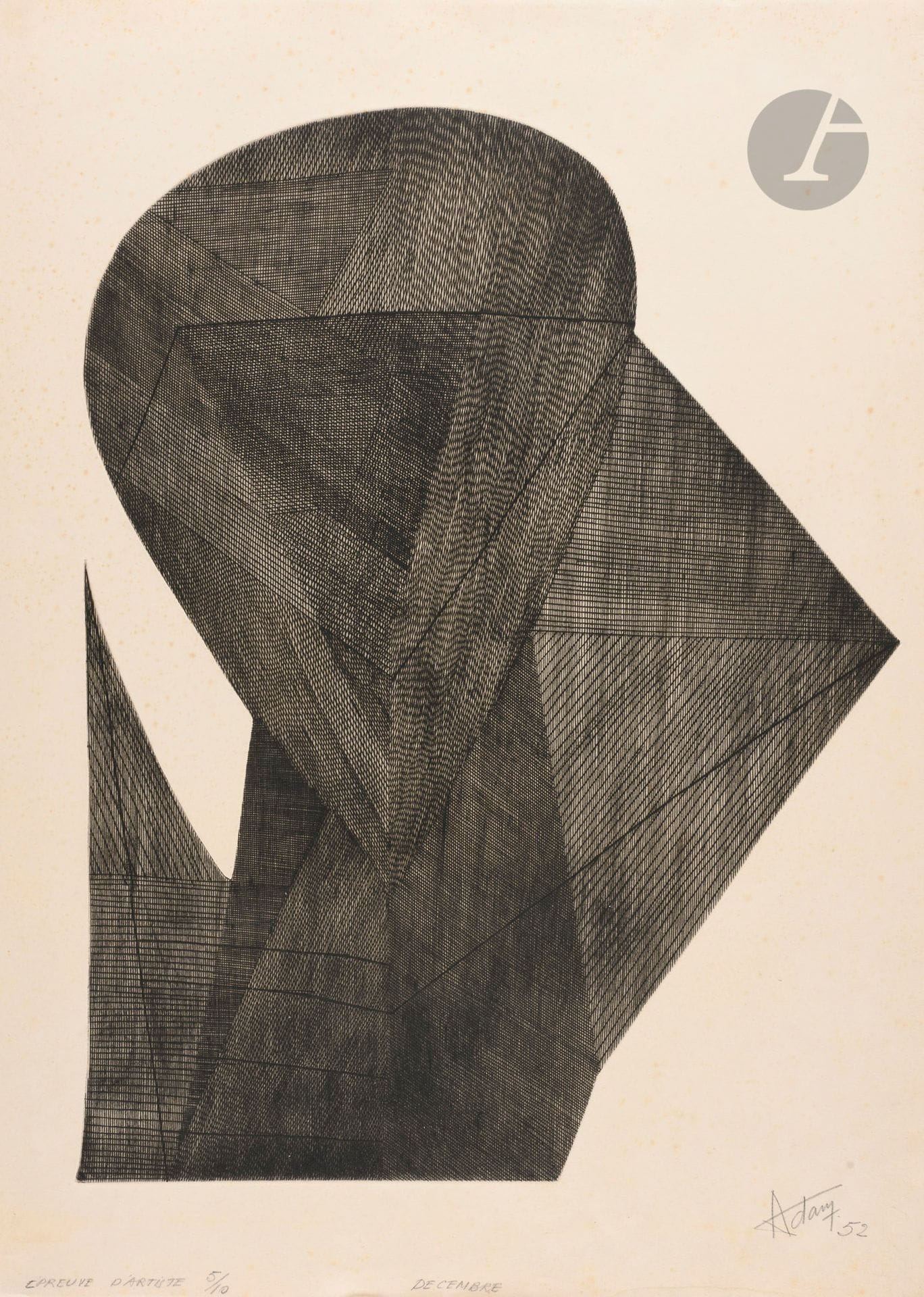 Henri-Georges Adam (1904-1967)
December. 1952. Burin on cut copper. [560 x 760]. Fine proof on cream vellum, annotated "épreuve d'artiste 5/10", titled, signed and dated in pencil. Scattered light foxing. Soft oblique folds along the right edge of the folio. Traces of oxidized glue. Full margins.